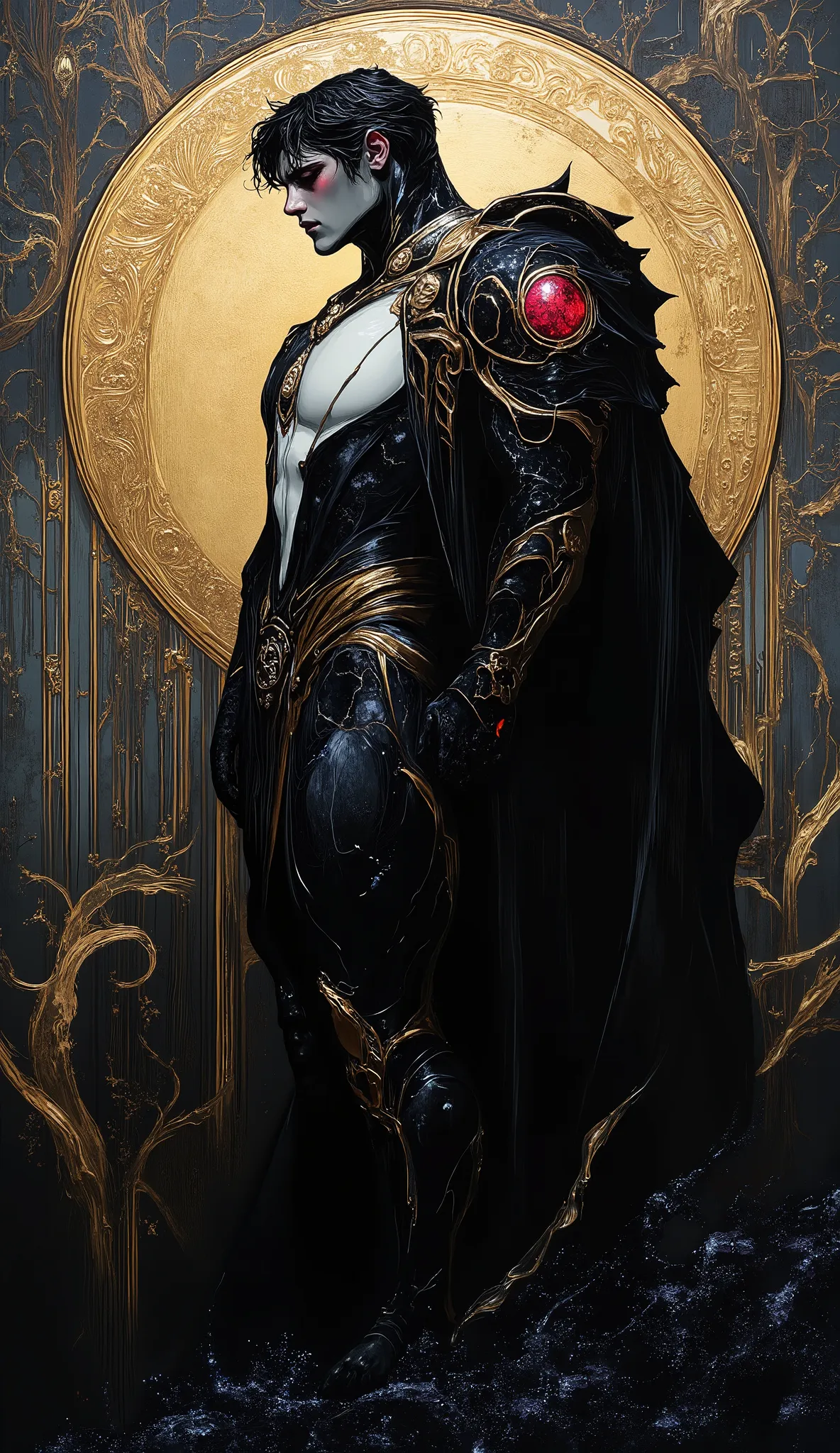 In the style of Neo Noir with touches of Art Deco and Art Nouveau: A malevolent yet mesmerizing god stands tall and imposing, his skin like dark, cracked obsidian or scorched stone, glowing with searing violet energy pulsing through fissures like molten ve...