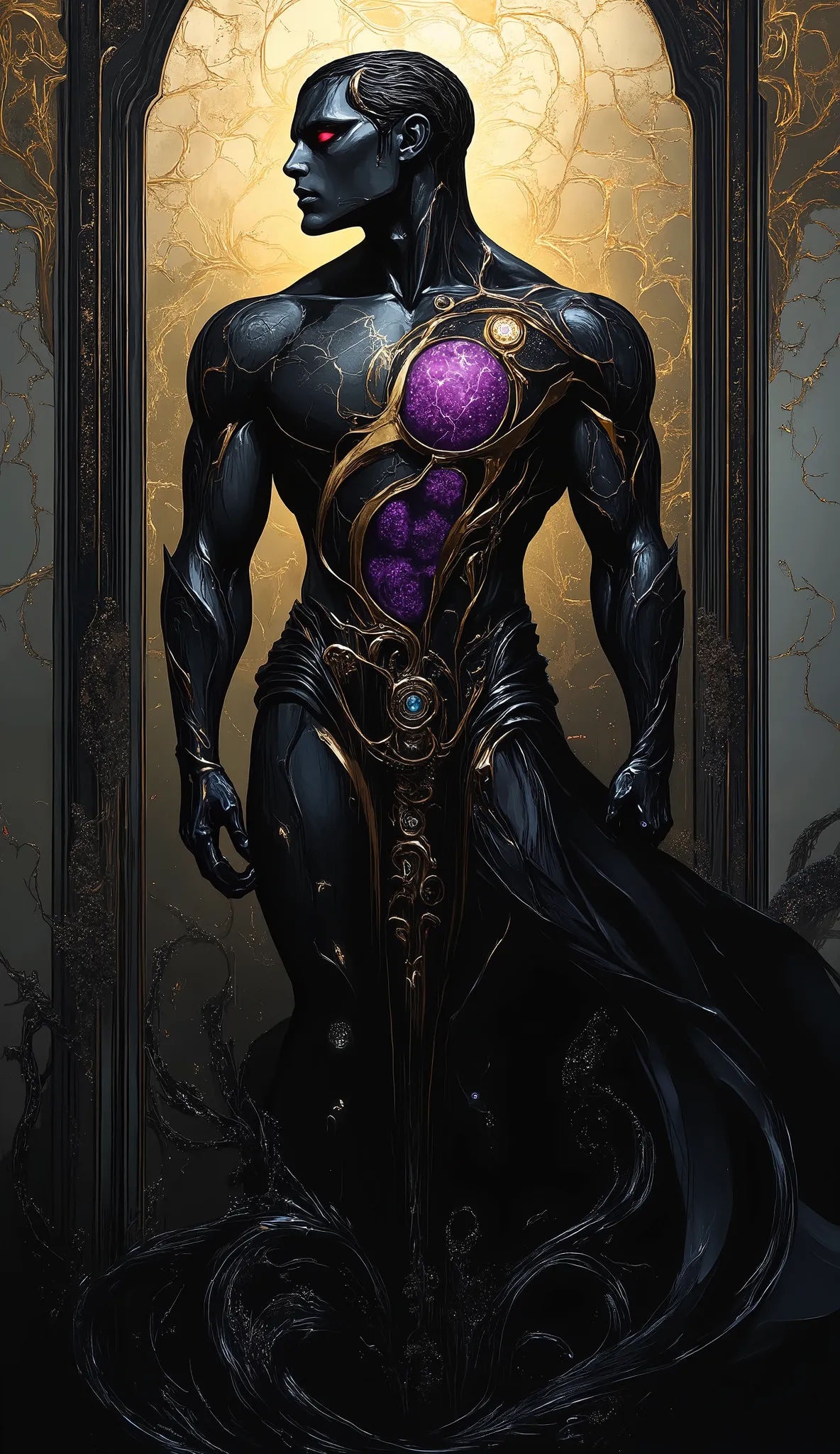 In the style of Neo Noir with touches of Art Deco and Art Nouveau: A malevolent yet mesmerizing god stands tall and imposing, his skin like dark, cracked obsidian or scorched stone, glowing with searing violet energy pulsing through fissures like molten ve...