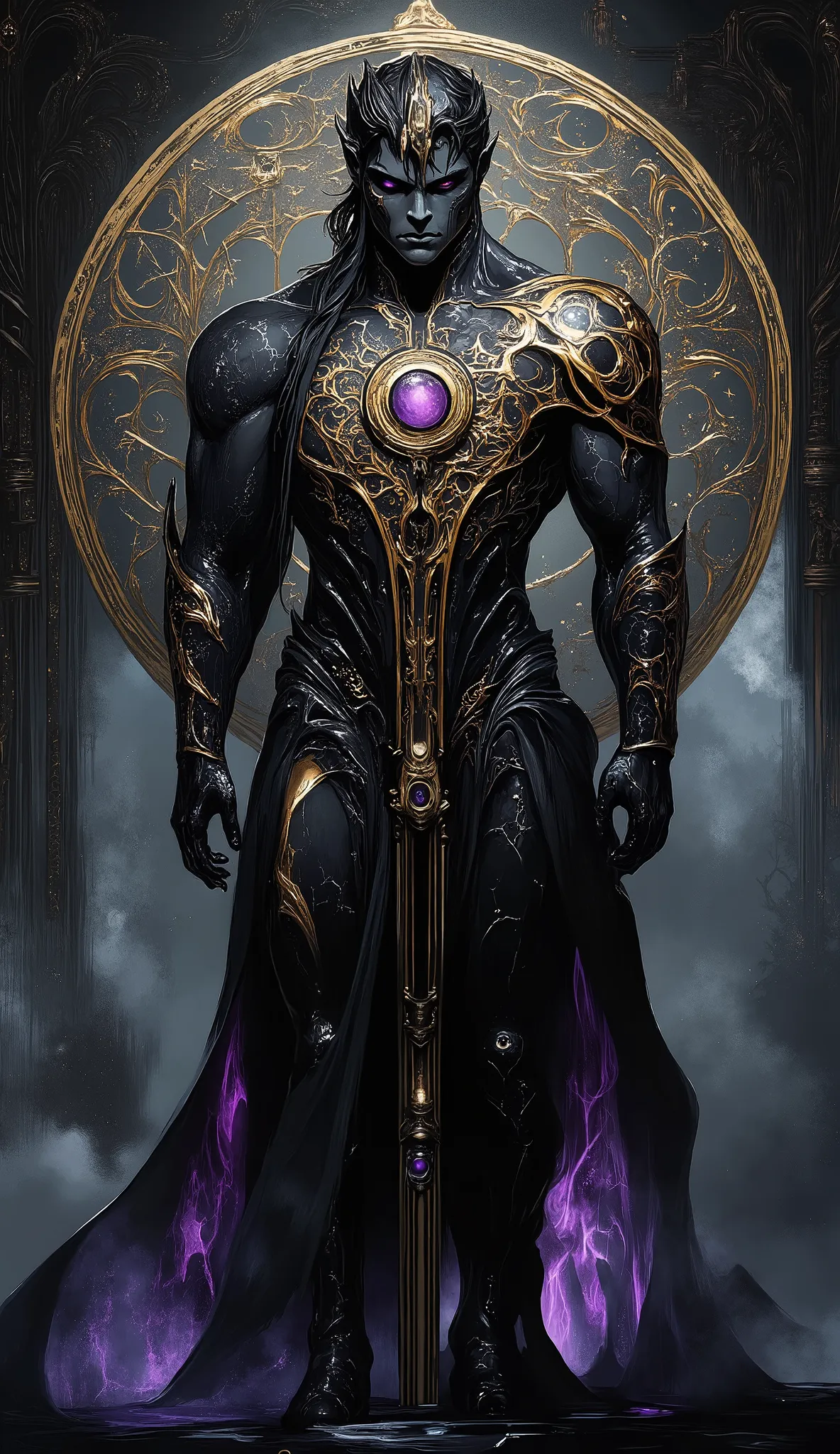 In the style of Neo Noir with touches of Art Deco and Art Nouveau: A malevolent yet mesmerizing god stands tall and imposing, his skin like dark, cracked obsidian or scorched stone, glowing with searing violet energy pulsing through fissures like molten ve...