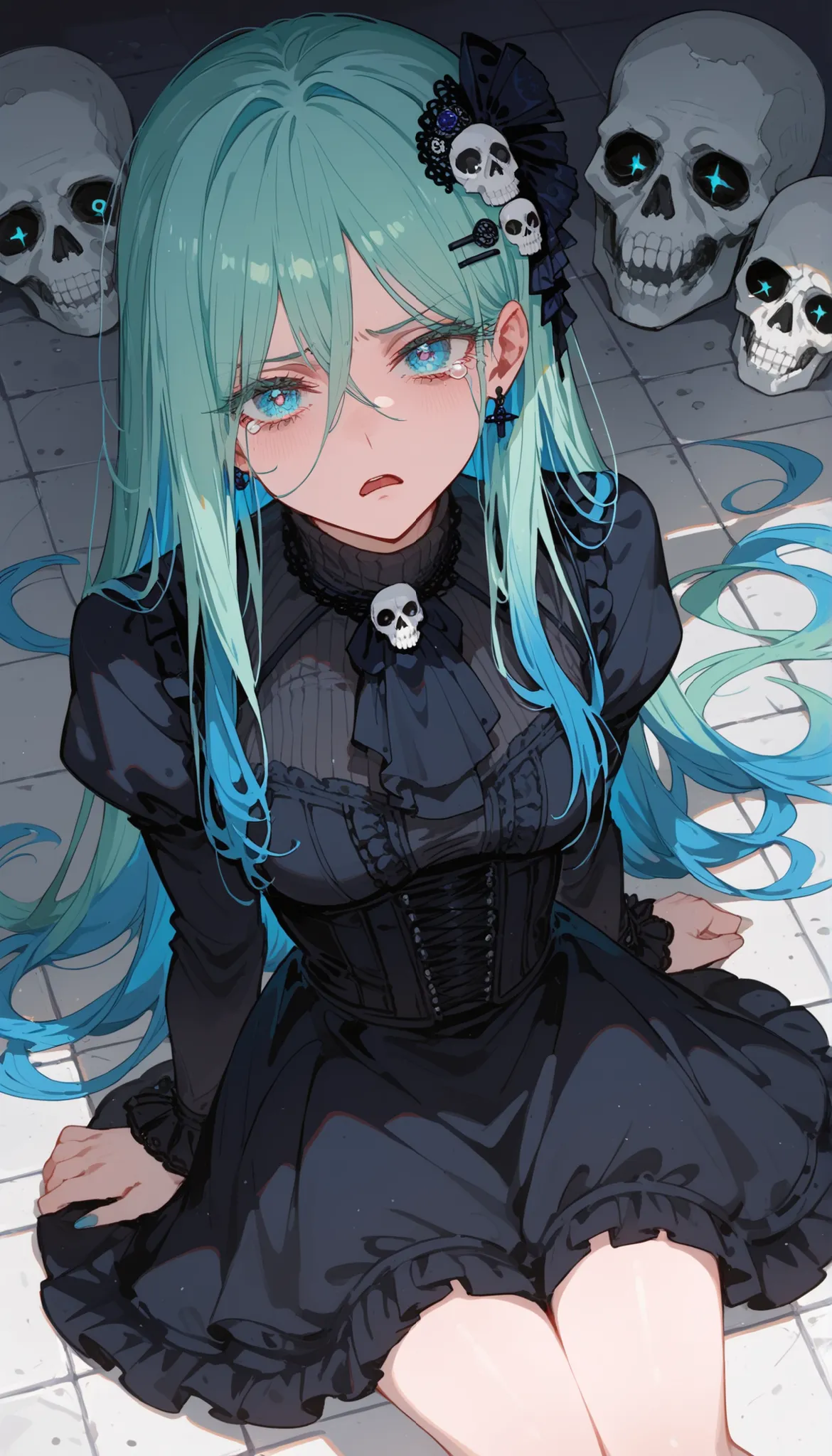 girl,light green hair,in blue eyes,Tie your hair up, ghoul eyes,Black Long Sleeve Shirt,Black Victorian Era Dress, maxi skirt ,Milf,slim,Fierce face,Serious, Undead,Skull hairpin,Turtleneck, Blue hair, Two tone hair ,Midi Dress,blue hair,Hair Cover,sad,Ope...