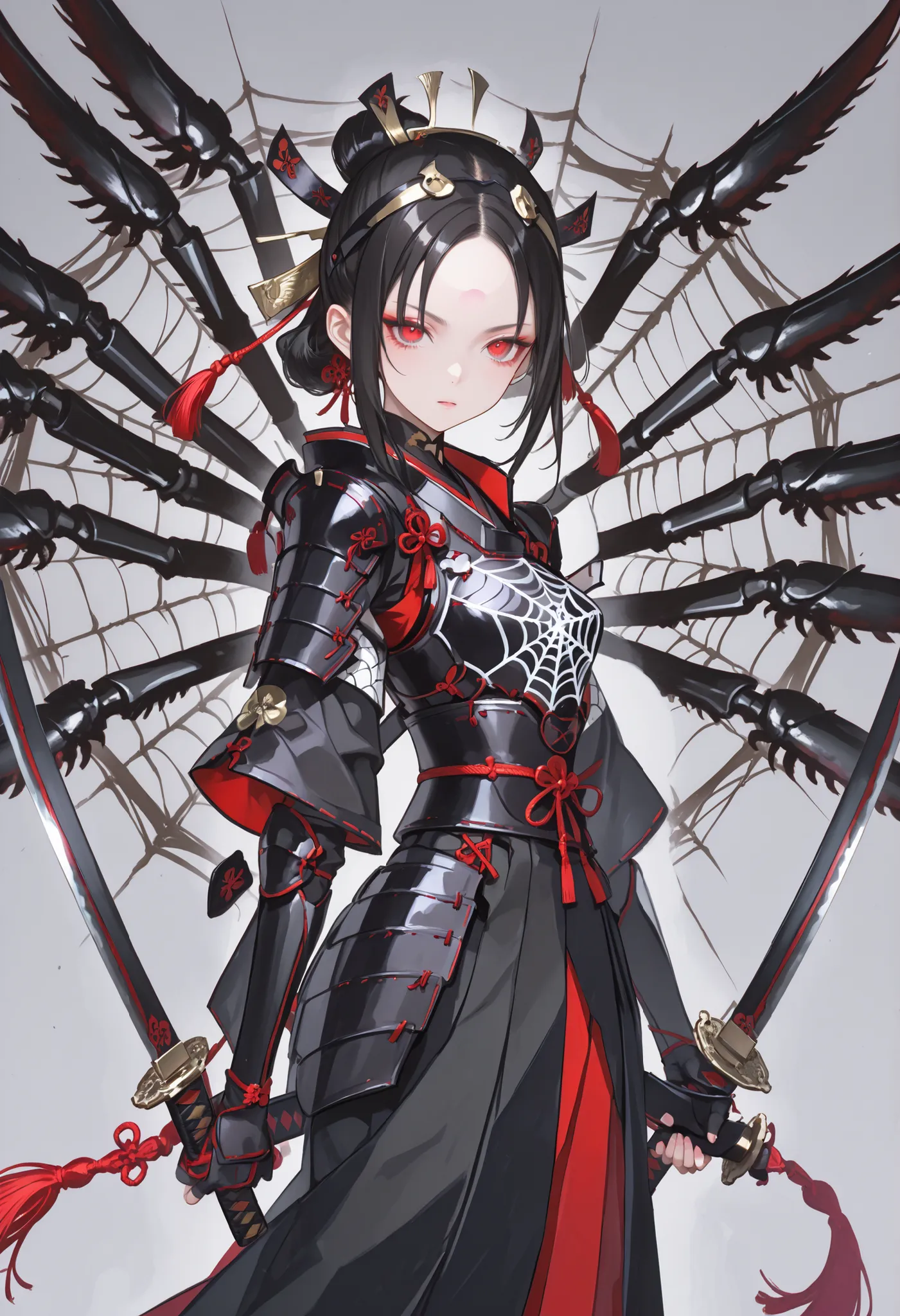Samurai Girl. Forehead guard. Black hair. Tied back hair. Red eyes. Multiple eyes. Japanese armor. Multiple arms. Dual wielding. Spider web costume. Insect legs. Spider-fused armor. Biological armor.