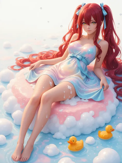wide shot,full body 1 girl , golden eyes , very long hair , long sidelocks, red hair ,half updo, petite , very cute , beautiful ,Straight hair, cool, handsome, hair between eyes, sexy, medium breasts , (twintails), fluffy wavy hair,sundress,spread skirt,ba...