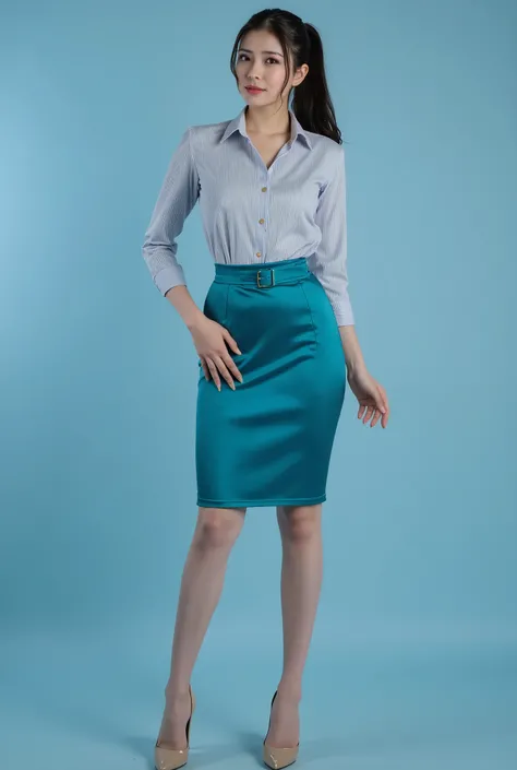 1 stunning beauty woman,  Slender, Slim Big, Alluring and sexy, office, medium satin skirt, Colorful collared shirt, long pony hair, neckline , standing in high heels with ankle brace, blue theme