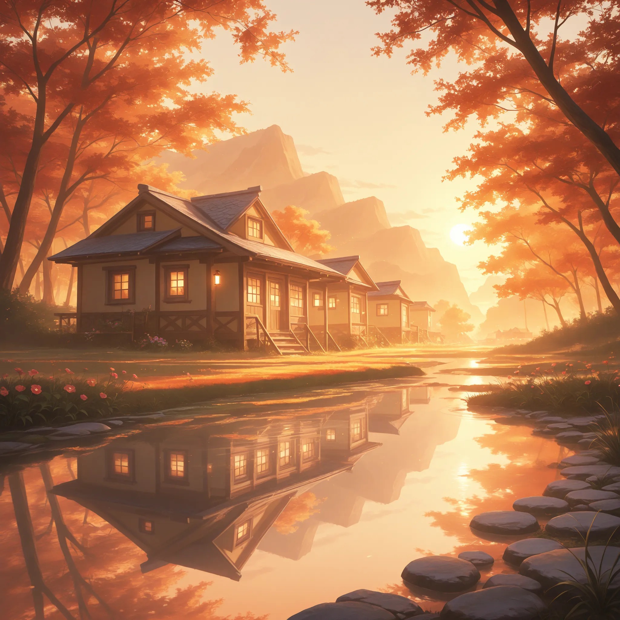 a small village by the river with a mobile phone,Mountains in the background,Flowers in bloom,brightly colored, Detailed Scenery , Beautiful natural landscape ,Mood lighting,Scorching sunset,Warm colors,practical,practical摄影, Detailed Leaves,Complex buildi...