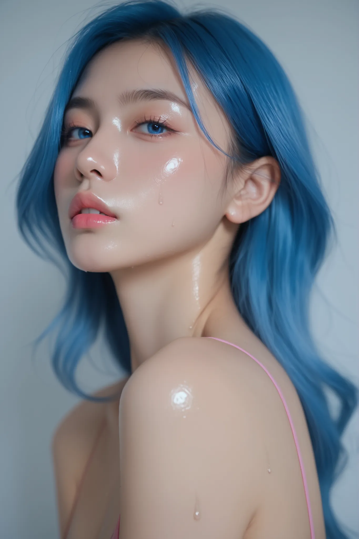 pink lips, blue hair, blue eyes, shiny hair, shiny body, sweating,