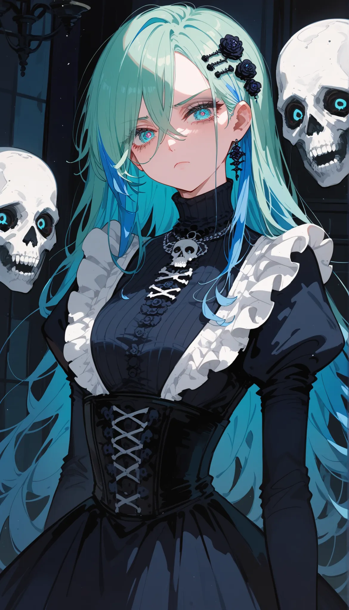 girl,light green hair,in blue eyes, ghoul eyes,Black Long Sleeve Shirt,Black Victorian Era Dress, maxi skirt ,Milf,slim,Fierce face,Serious, Undead,Skull hairpin,Turtleneck, Blue hair, Two tone hair ,Midi Dress,blue hair,Hair Cover,sad,standing up,depressi...