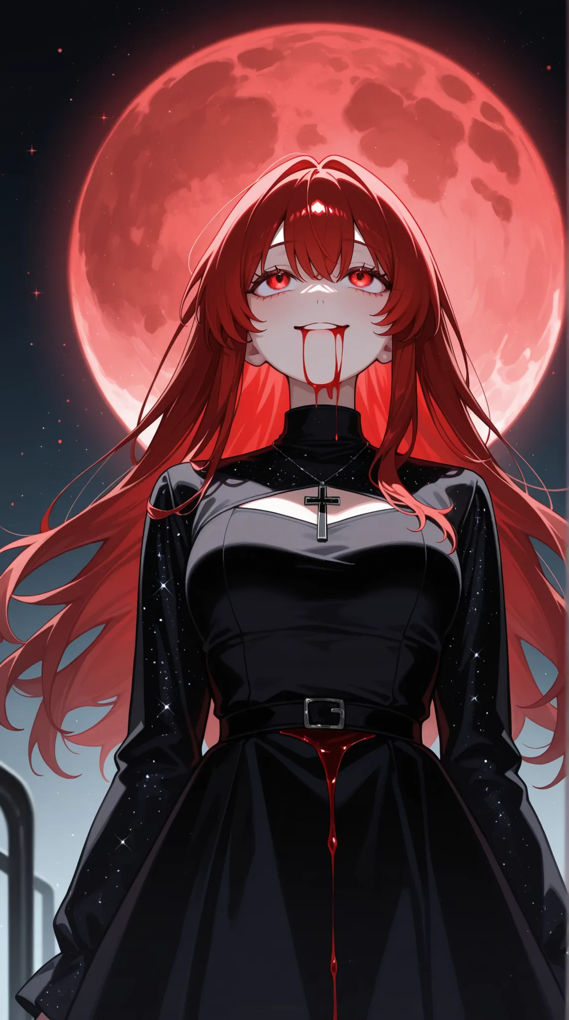 female, and look above, with a cold gaze, Cold Smile, Glitter Black Dress, cross pendant , Blood flowing from the mouth , red full moon,