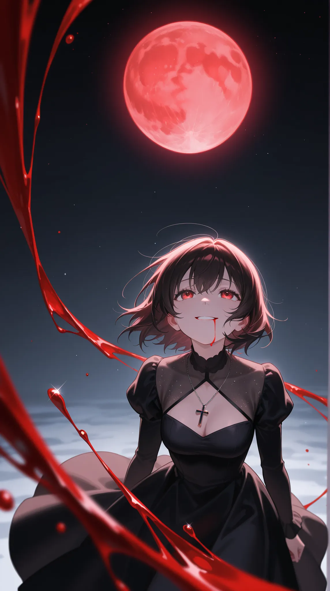 female, and look above, with a cold gaze, Cold Smile, Glitter Black Dress, cross pendant , Blood flowing from the mouth , red full moon,