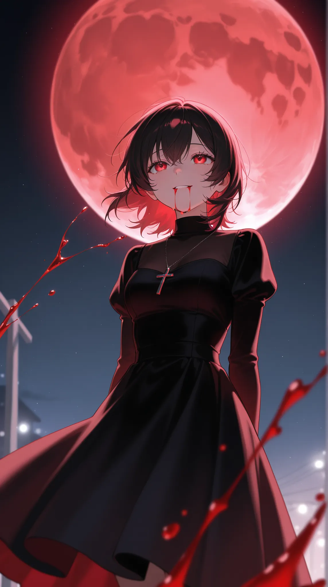 female, and look above, with a cold gaze, Cold Smile, Glitter Black Dress, cross pendant , Blood flowing from the mouth , red full moon,