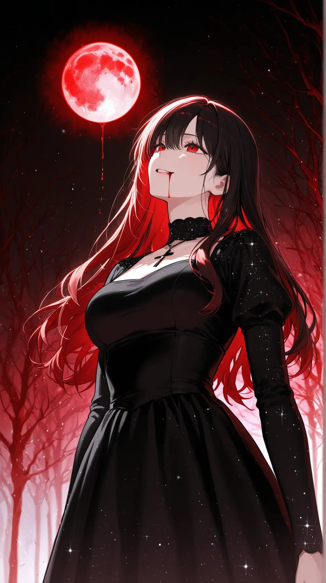 female, and look above, with a cold gaze, Cold Smile, Glitter Black Dress, cross pendant , Blood flowing from the mouth , red full moon,