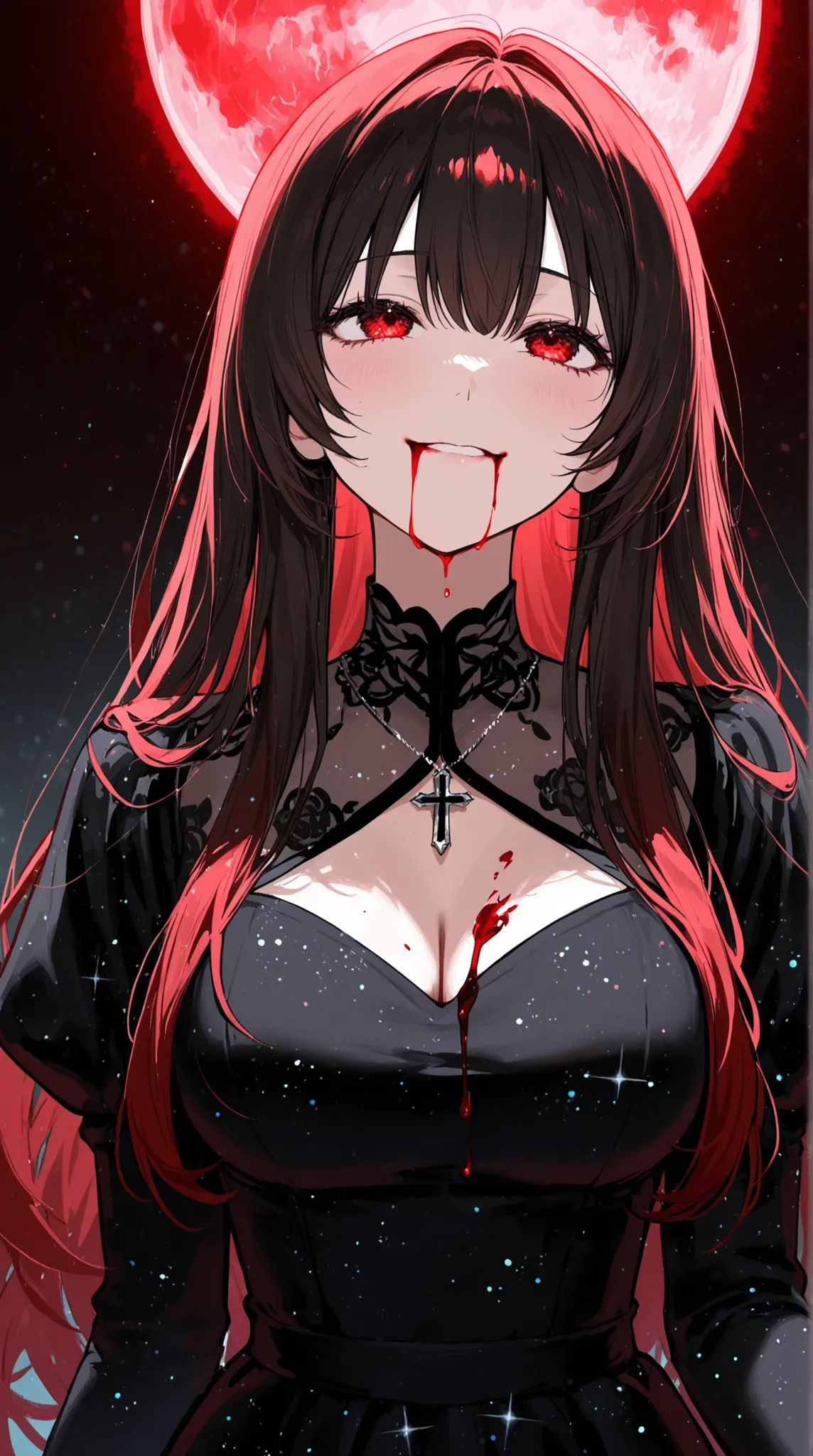 female, and look above, with a cold gaze, Cold Smile, Glitter Black Dress, cross pendant , Blood flowing from the mouth , red full moon,