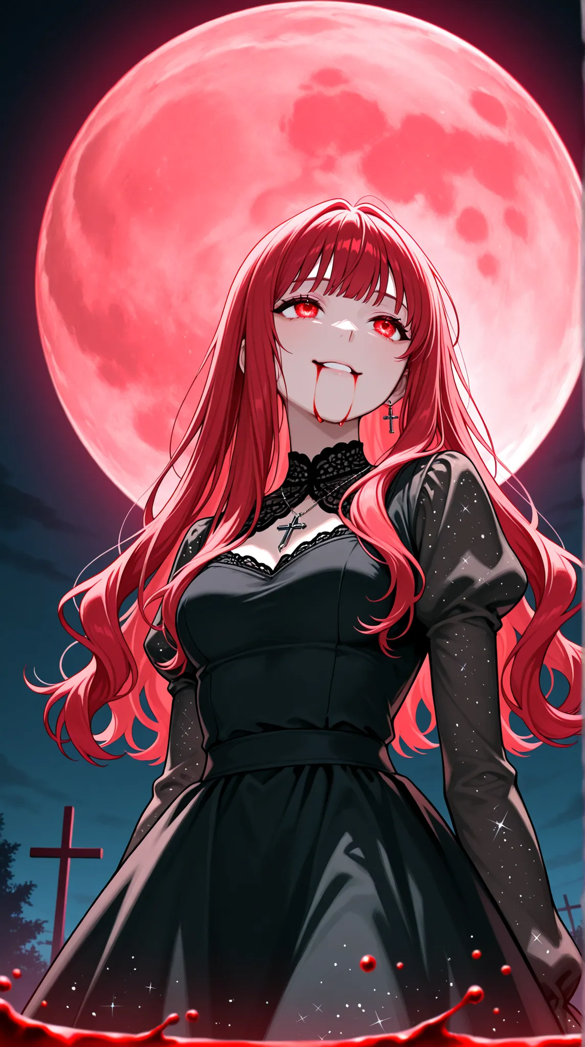 female, and look above, with a cold gaze, Cold Smile, Glitter Black Dress, cross pendant , Blood flowing from the mouth , red full moon,