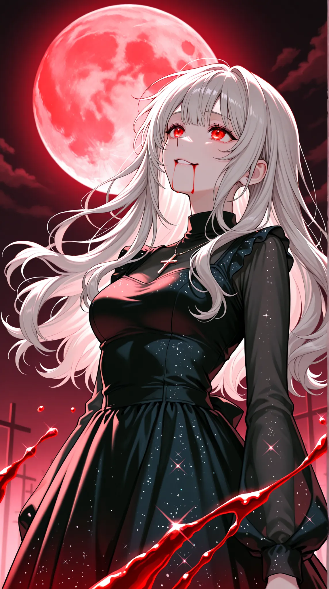 female, and look above, with a cold gaze, Cold Smile, Glitter Black Dress, cross pendant , Blood flowing from the mouth , red full moon,