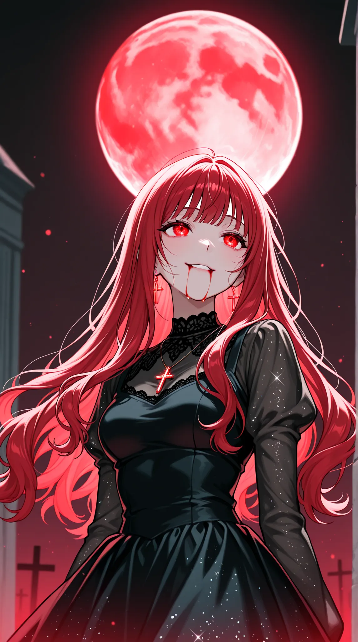 female, and look above, with a cold gaze, Cold Smile, Glitter Black Dress, cross pendant , Blood flowing from the mouth , red full moon,