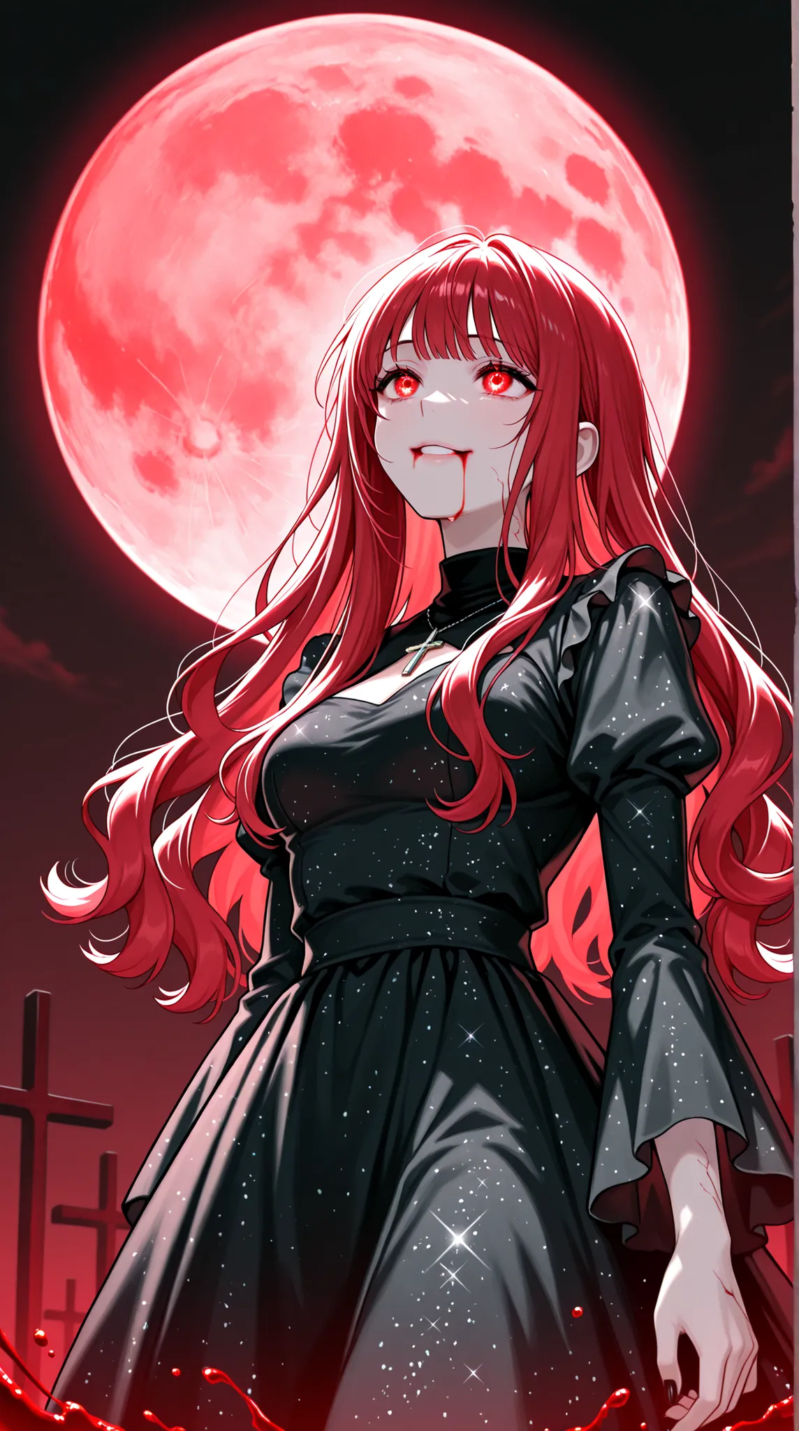 female, and look above, with a cold gaze, Cold Smile, Glitter Black Dress, cross pendant , Blood flowing from the mouth , red full moon,