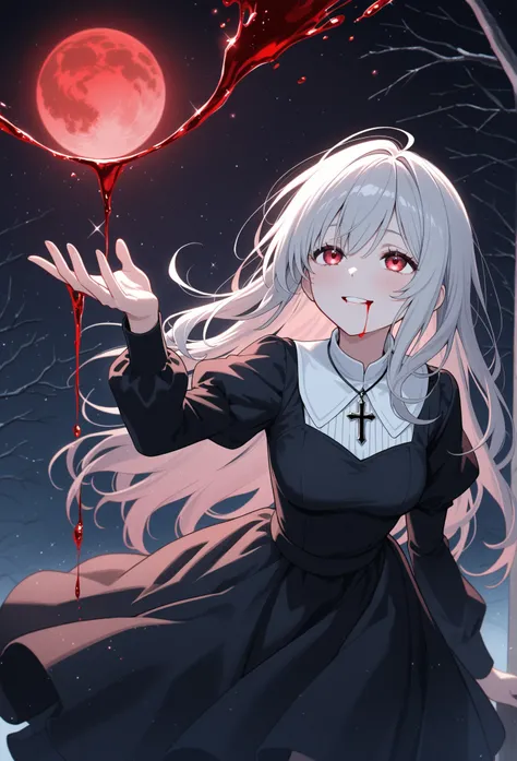 female, and look above, with a cold gaze, Cold Smile, Glitter Black Dress, cross pendant , Blood flowing from the mouth , red full moon,