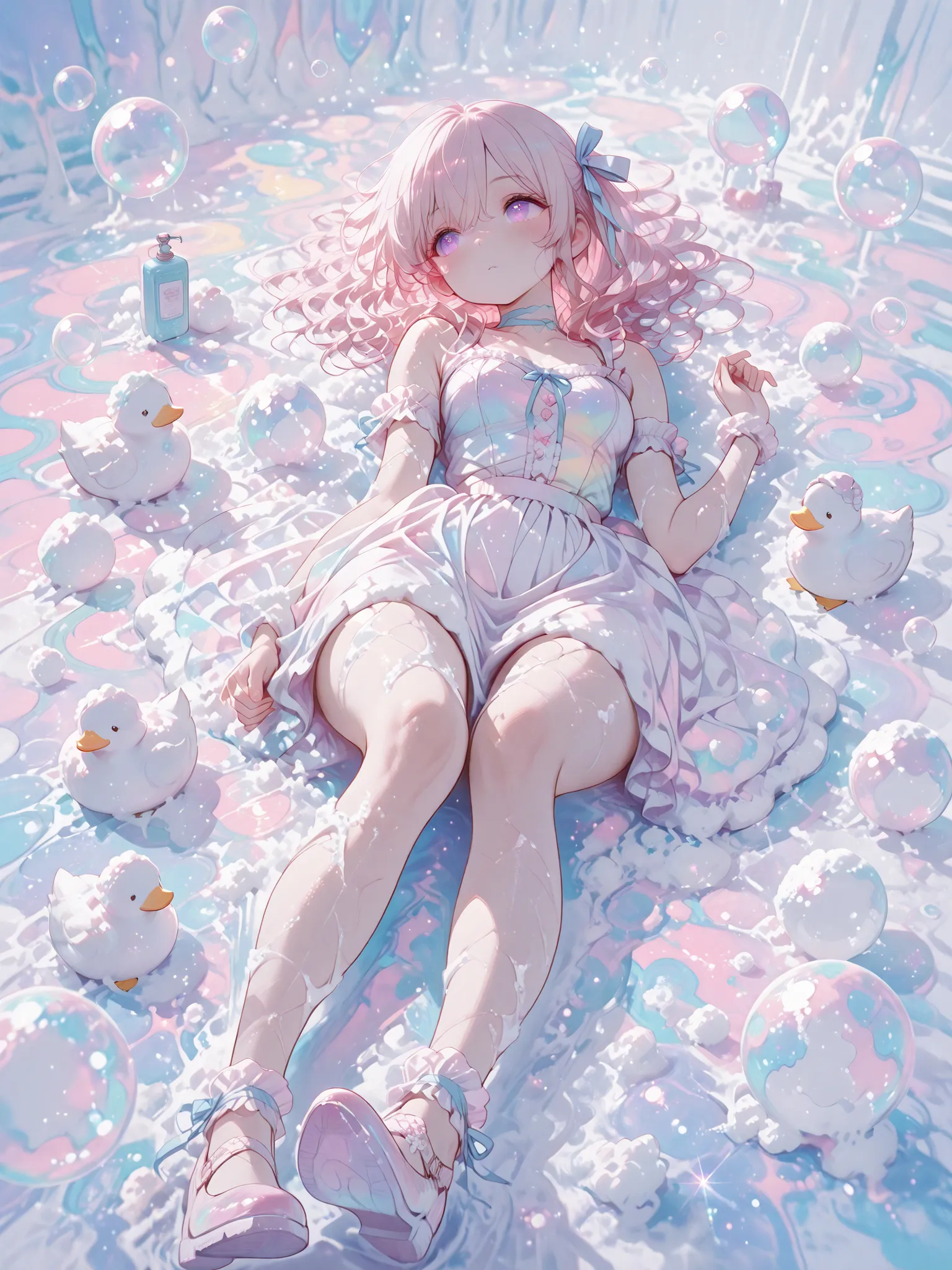 wide shot,full body, 1 girl, violet eyes, light pink hair, short hair, cool, beautiful, medium breast, very cute, lovely, kawaii, fluffy wavy hair,sundress,spread skirt,bare legs,long hair ribbon light blue ribbon((soap bubbles))(colorful soap bubbles)((l...