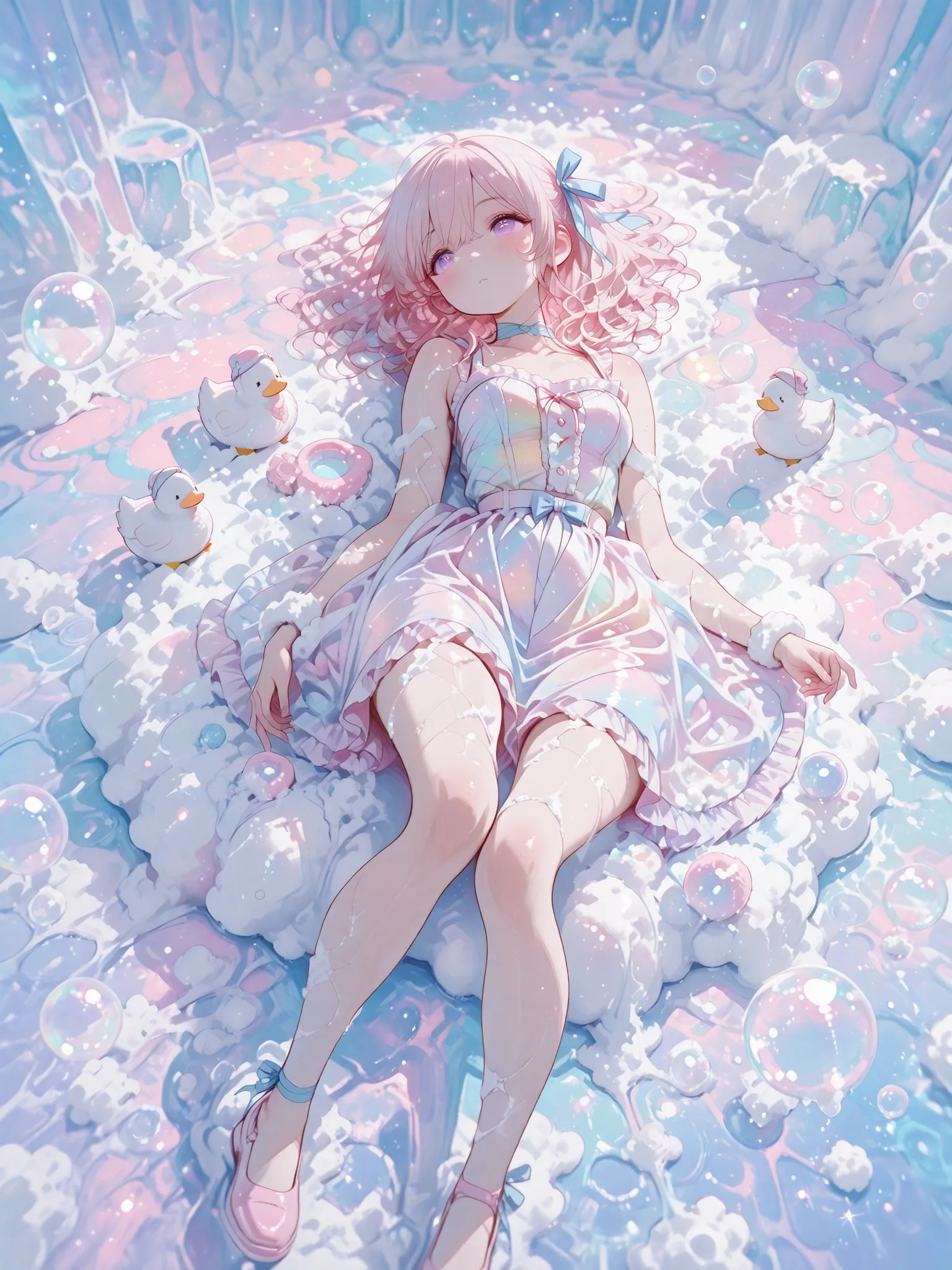wide shot,full body, 1 girl, violet eyes, light pink hair, short hair, cool, beautiful, medium breast, very cute, lovely, kawaii, fluffy wavy hair,sundress,spread skirt,bare legs,long hair ribbon light blue ribbon((soap bubbles))(colorful soap bubbles)((l...