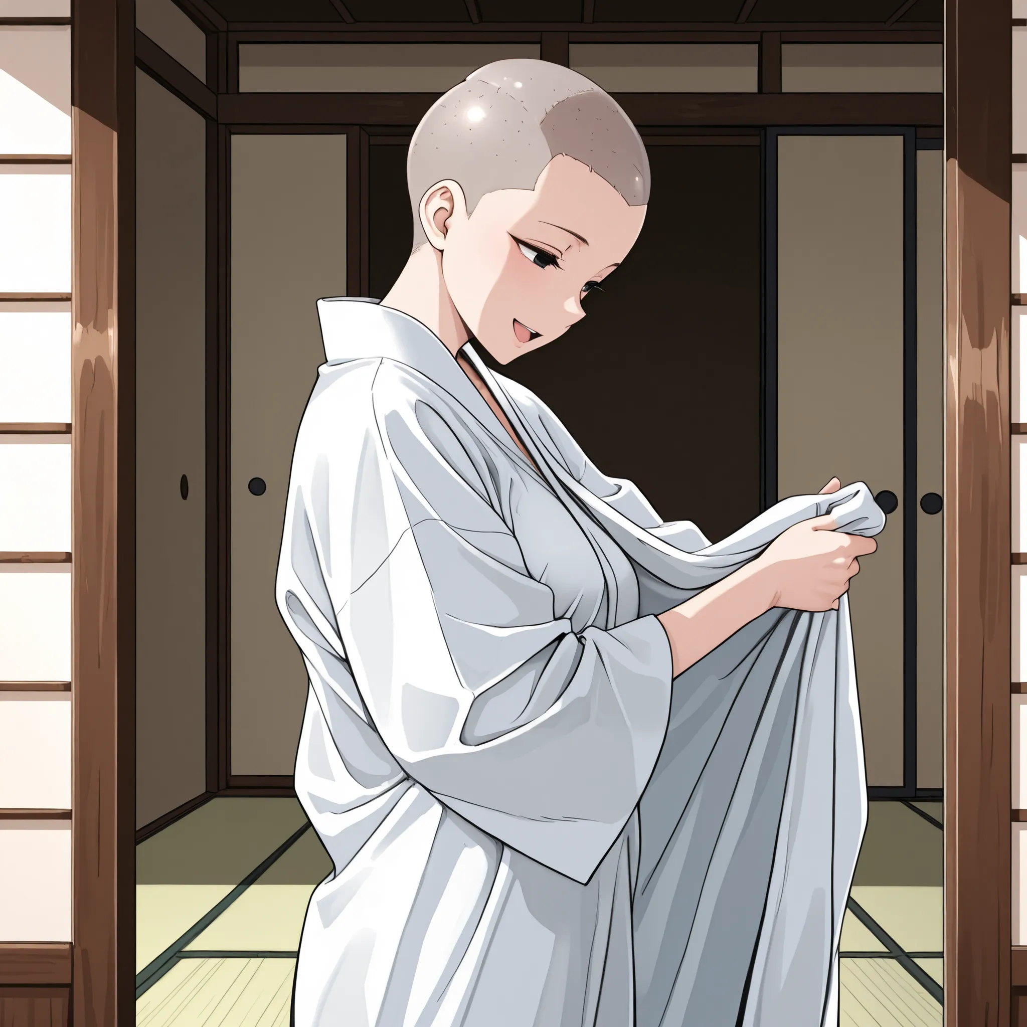 1 lady, solo,beautiful japanese lady,adult,20 years old,black eyes,narrow eyes,skinny,masterpiece,general,highres, ultra-detailed,very aesthetic,best quality ,best hands,best eyes,perfect anatomy,anime coloring,easynegative,white skin,BREAK,buddhist nun,ja...