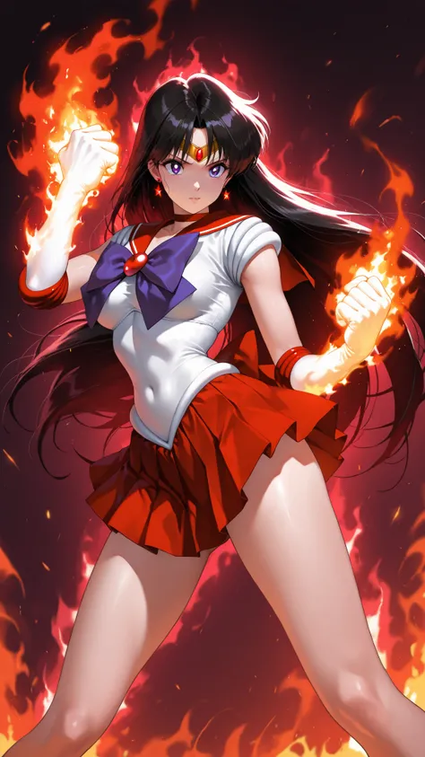 masterpiece, best quality, amazing quality, hyper-detailed, newest, very aesthetic, semirealistic, 1girl, sailor mars, rei hino, black hair, long hair, purple eyes, parted bangs, retro artstyle, medium breasts, fiery aura, fire fist, flaming fist, powerful...