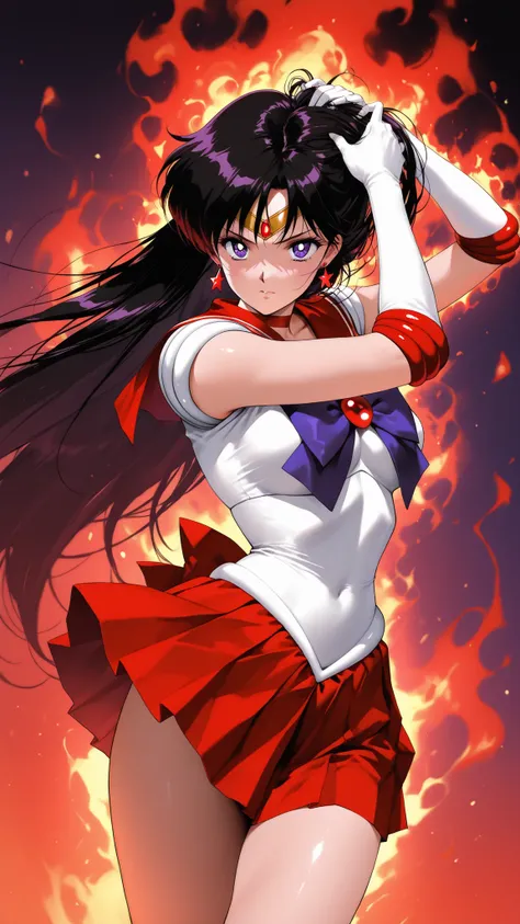 masterpiece, best quality, amazing quality, hyper-detailed, newest, very aesthetic, semi realistic, 1girl, sailor mars, rei hino, black hair, long hair, purple eyes, parted bangs, retro artstyle, medium breasts, fiery aura, powerful stance, sailor uniform,...