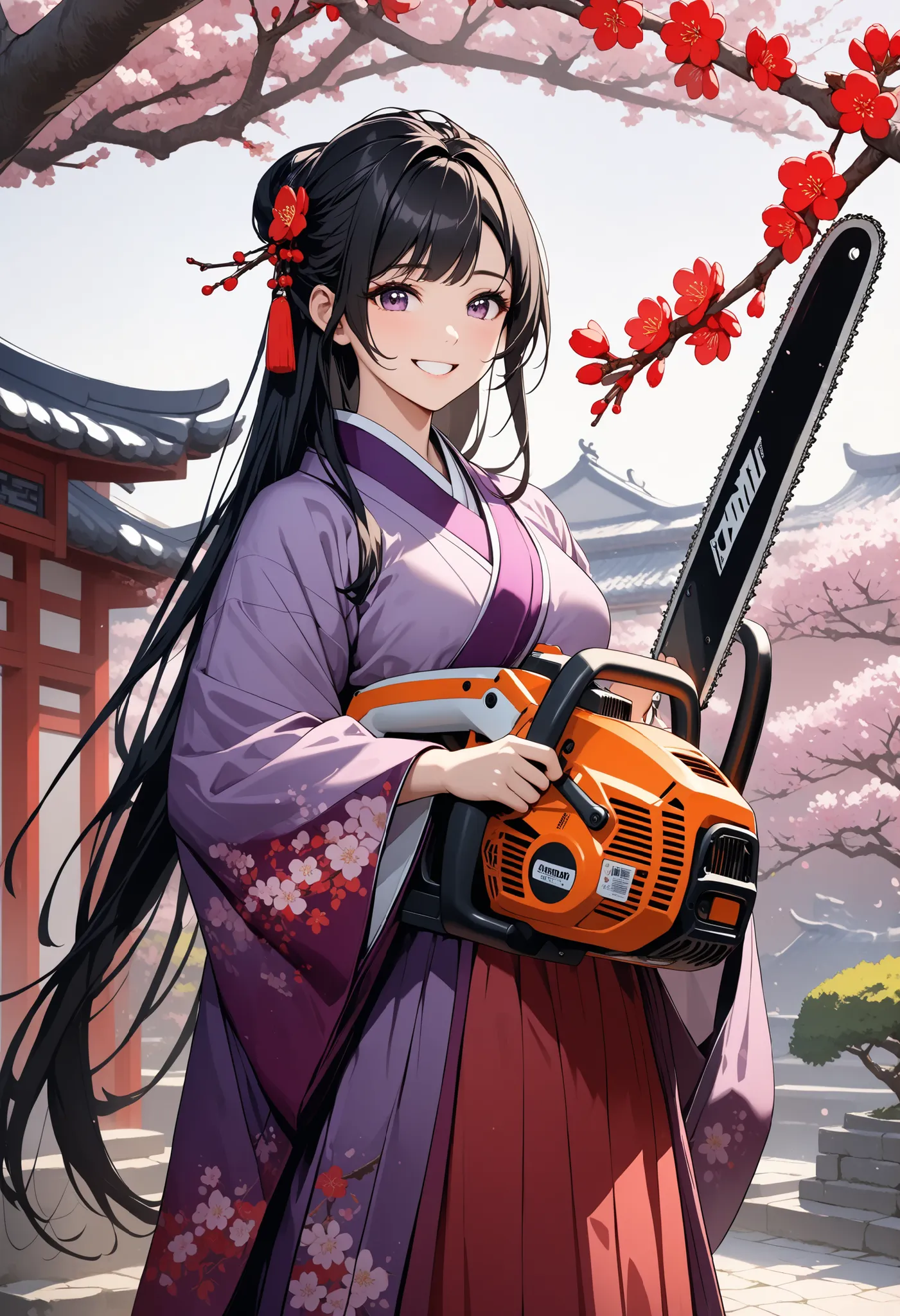 ((best quality)), ((masterpiece)), (detailed), perfect face, textured skin, ((super detail)), high quality, high details, Black-haired woman in Hanfu, Brandishing a chainsaw, Happy expression, smile, Kanzash, Background (plum tree, plum blossoms), Chinese ...