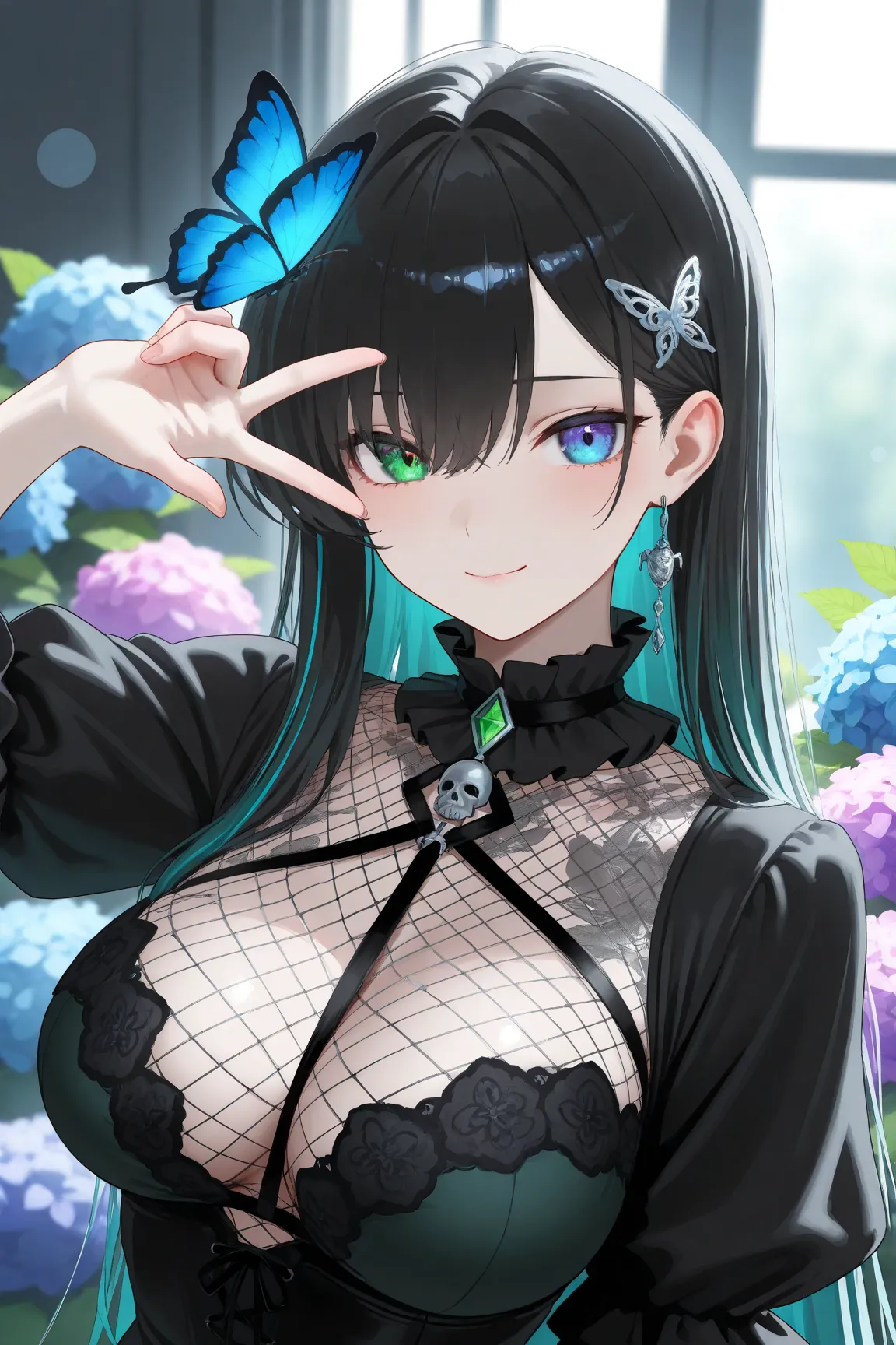 masterpiece, best quality, ultra high definition, high resolution, noise-free, (slender woman with firm medium-sized breasts:1.2), long straight glossy black hair with electric blue highlights and individual strand detail, center part with delicate side locks framing face, heterochromatic eyes (left emerald green, right cyan blue) with reflective highlights and detailed iris texture, smooth pale skin with subtle blush, ornate black gothic lace top with white skeletal rib cage pattern and silver filigree trims, layered frilled collar and puffed sleeve edges, slender arms positioned in dynamic frontal mid-shot pose, right hand raised in peace sign at shoulder height with perfect finger spacing, left hand relaxed at waist, (frontal mid-shot upper-body view:1.1), direct eye contact with confident gentle smile, delicate silver skull hair clip on left side, ethereal blue butterfly fluttering beside head, background of vibrant hydrangea and hibiscus blooms, painterly anime style with crisp line art and smooth gradient cel shading, high dynamic range, specular highlights on hair and skin, volumetric soft lighting, cinematic depth of field with slight floral bokeh, anti-aliasing, 8k resolution
