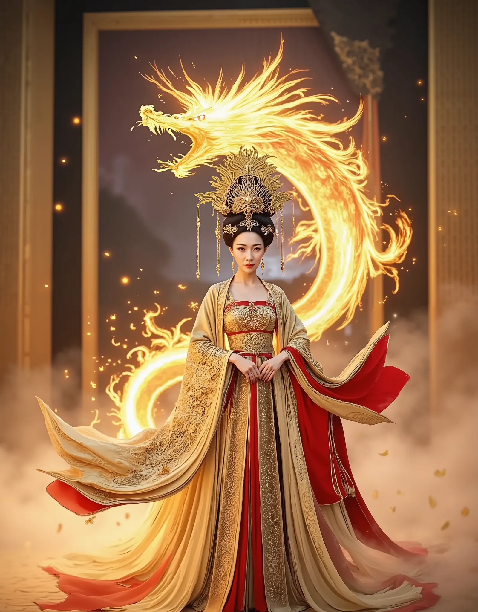 “A divine Chinese empress in a majestic golden Hanfu with crimson accents, standing at the center of a vast jade courtyard under the full moon. Her eyes burn with divine fury, and her phoenix crown glows like molten gold. She raises both arms as an enormou...