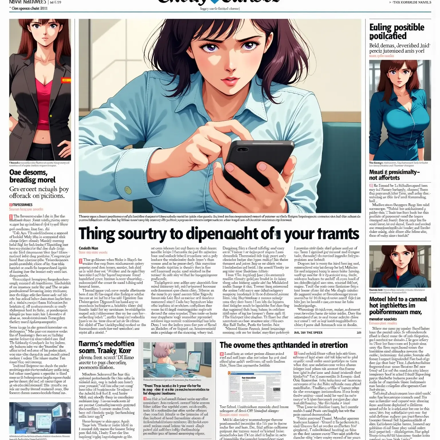 Newspaper,front-page news,huge headline tex watch out for scams “,There is a photo frame that takes up two-thirds of the page.(the photo is a  Phishing image,woman pressing the mobile phone screen,image of the money being sucked up from the screen:1.3)