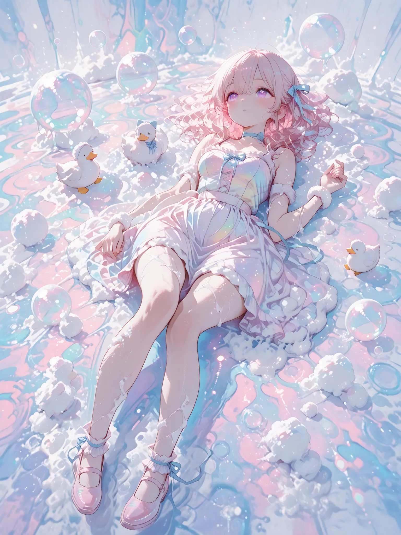 wide shot,full body, 1 girl, violet eyes, light pink hair, short hair, cool, beautiful, medium breast, very cute, lovely, kawaii, fluffy wavy hair,sundress,spread skirt,bare legs,long hair ribbon light blue ribbon((soap bubbles))(colorful soap bubbles)((l...