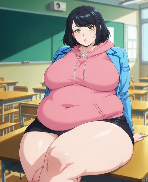 anime screencap, masterpiece, best quality,
1girl, solo, parted lips,
medium hair, black hair, swept bangs, green eyes, mole under eye,
SongYiSchool, blazer, open jacket, blue jacket, pink hoodie, pencil skirt, black skirt,
sitting, on table, crossed legs,...