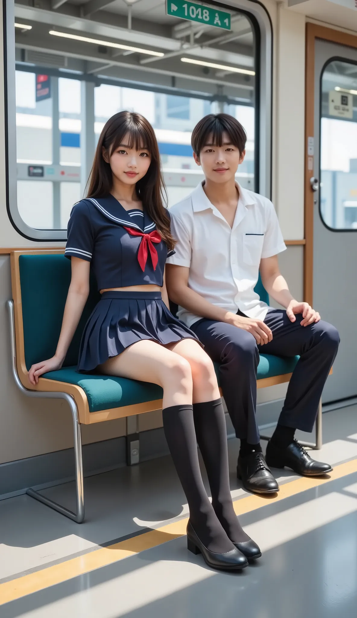 ( draw the whole body from the front:1.ung Japanese woman and Japanese man、(((((train)))))、smile、On a date、((woman and man sit side by side on chairs:1.45))、((Navy Sailor Suit))、(navy blue pleated mini skirt sitting beside my boyfriend)、white skin、beautifu...