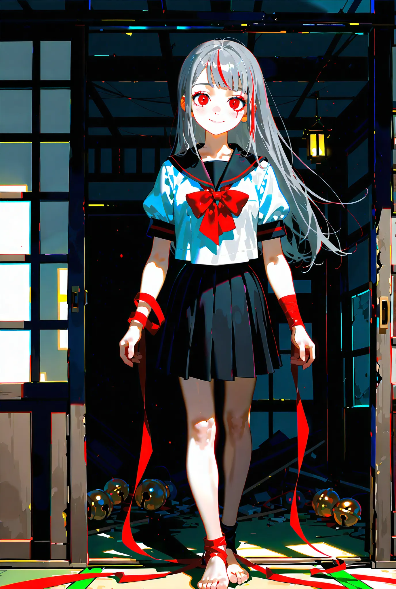 1 girl,Beautiful Girls,cute, Smile,Standing,Long straight gray hair that extends to the feet,and bangs are aligned,red eyes,strong eye highlights,sailor suit, black sailor color ,black tie,black pleated skirt,bare feet,wrap a bell around your left wrist wi...