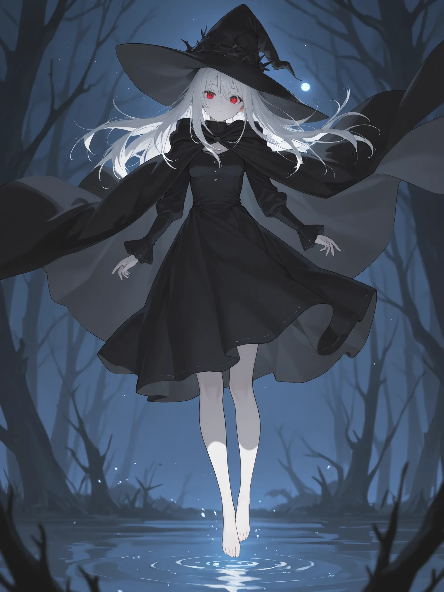 Anime, solo, 1girl, facing viewer, white hair, long hair, red eyes, pale skin, small breasts, black dress, black cape, witch's hat, floating, barefoot, night, darknforest, best quality, masterpiece.
