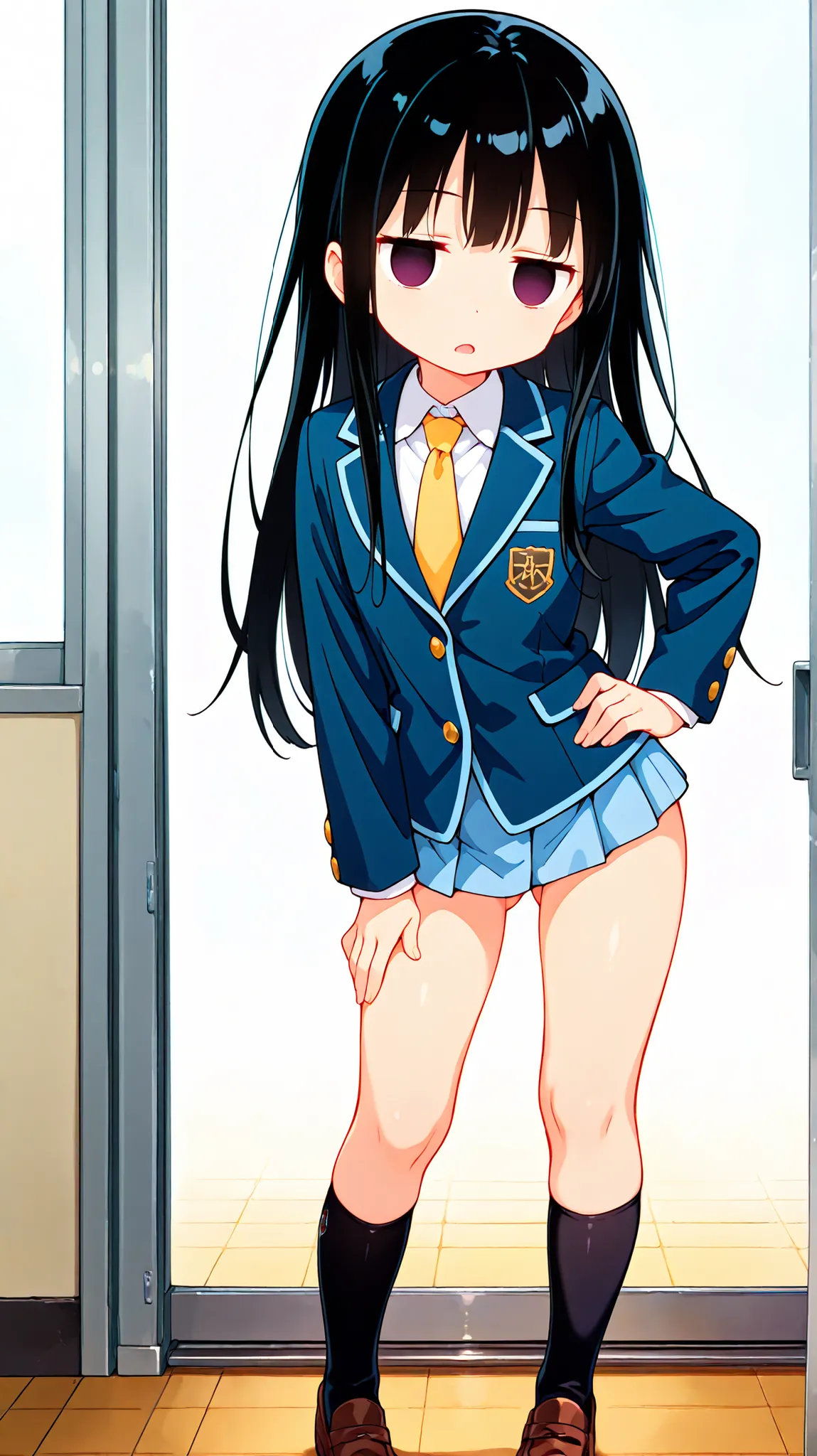 nsfw,anime style,score_9, score_8_up, score_7_up,masterpiece, best quality,ultra detail,(((school))), negishi masako , 1girl , ((((((solo)))))),Long hair,black hair ,empty eyes,blank stare,jitome,(Flat Chest),school uniform,(((blue blazer))),,((light blue ...