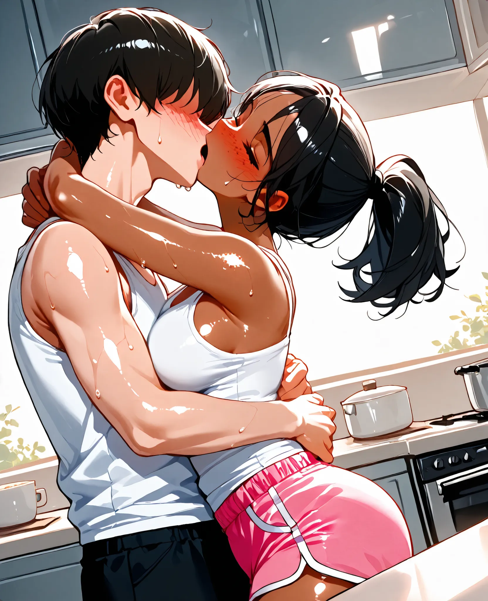 score_9, score_8_up, score_7_up, 1woman, solo, hair, closed eyes, white milky porcelain skin, white-skinned female, freckles, short black ponytail, lovely medium breasts, perfect body, white tank top, pink shorts, sweat, female organism, open mouth, looki...