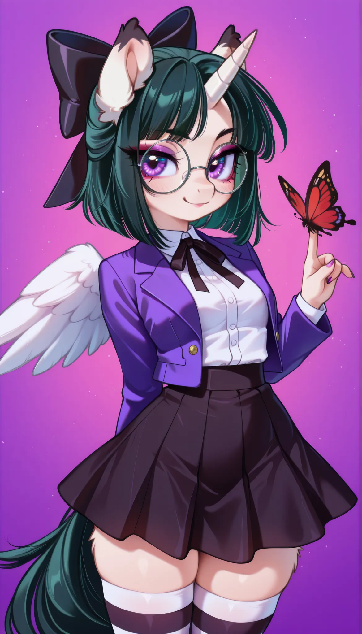 pony , white wool is gone, black hair shines purple, horn, hornа, wings, hair bow, black ear tips, round glasses, left eye pink , right eye purple , black skirt, jacket with white shirt and red butterfly, black and white striped hindhoof stockings, mak...