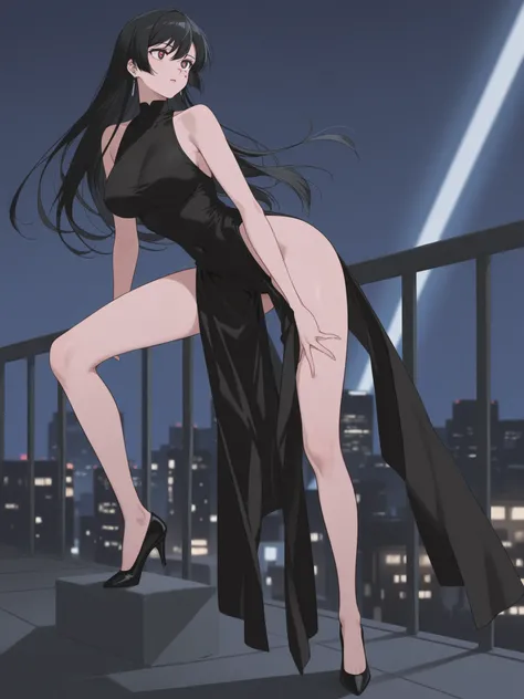 a tall, elegant Japanese woman with long straight black hair and almond-shaped eyes, standing confidently on a rooftop at night, wearing a sleek form-fitting black leotard and high heels, moonlight casting soft shadows on her face, retro 1980s Tokyo skylin...