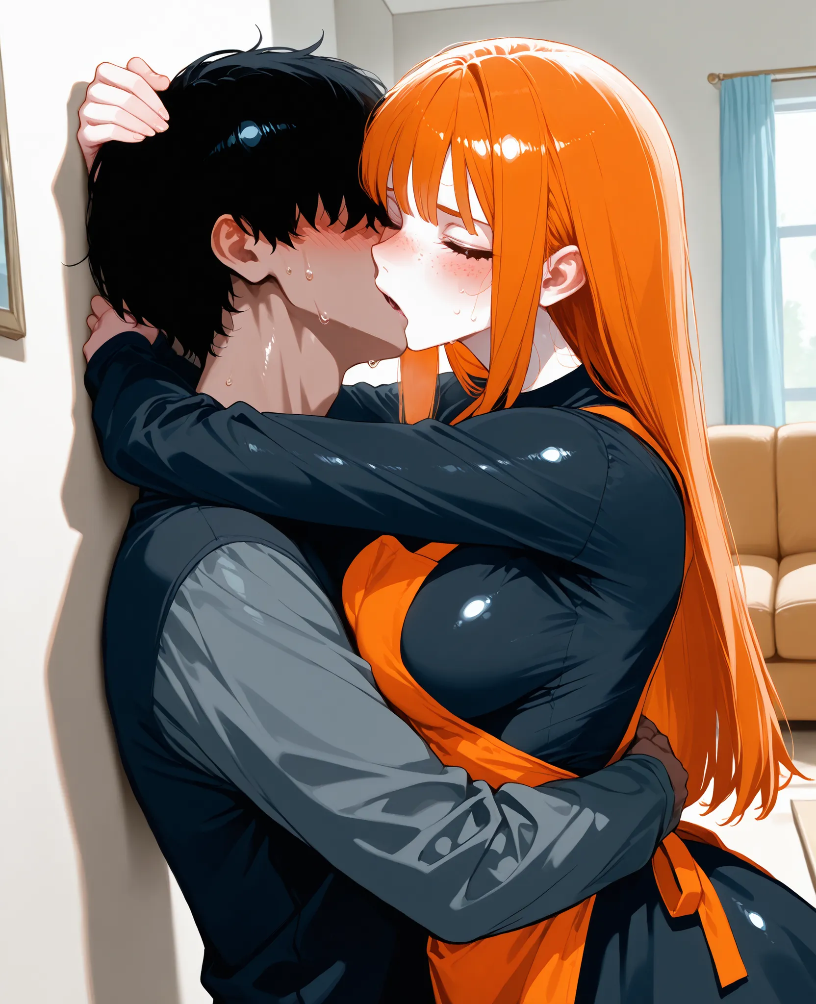 score_9, score_8_up, score_7_up, 1woman, solo, hair, closed eyes, white milky porcelain skin, white-skinned female, freckles, long straight orange hair with bangs, lovely medium breasts, perfect body, black dress, orange apron, sweat, female organism, open...