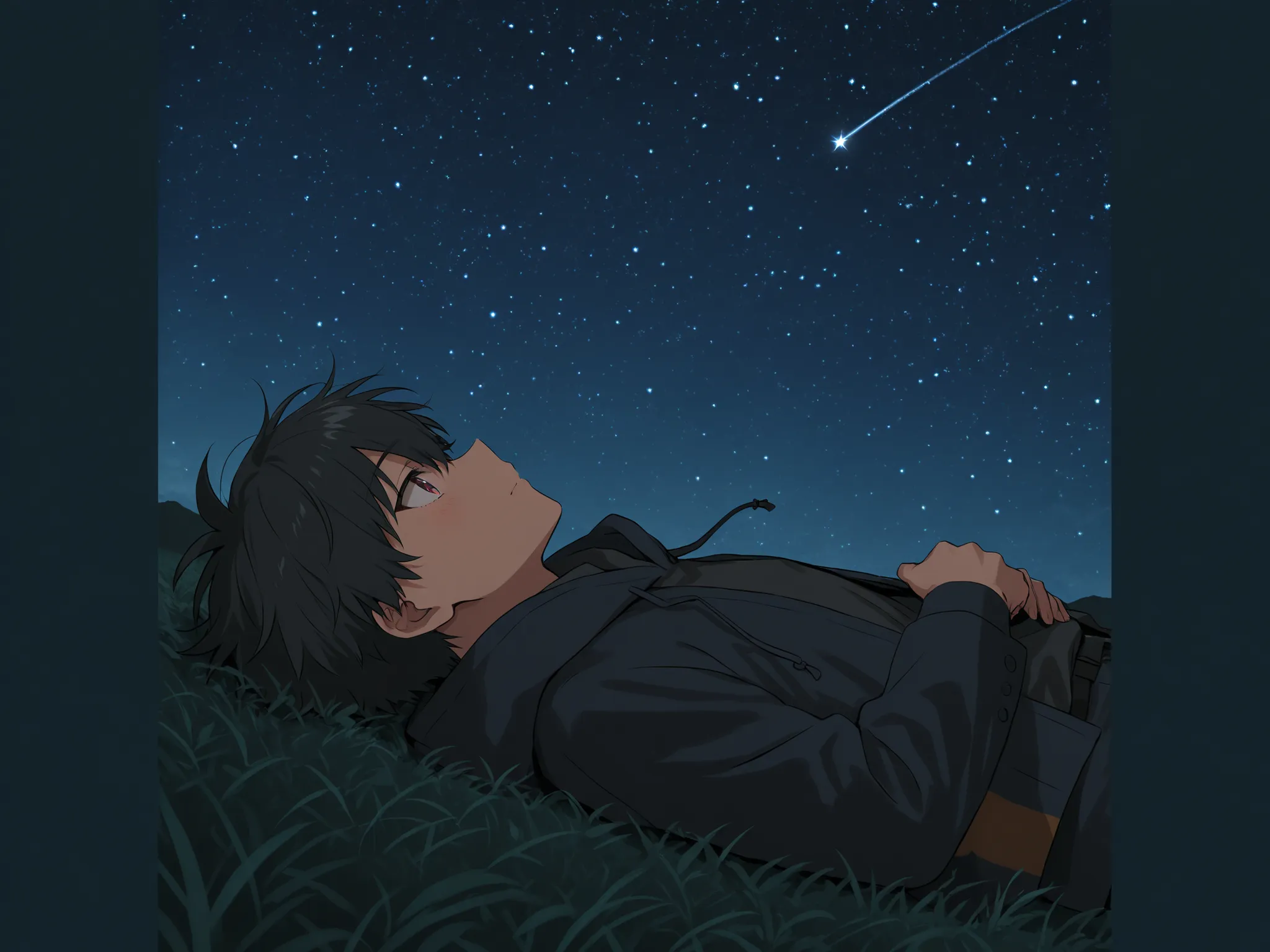 Make the sky look more beautiful without being overly filled with stars, and expand the view of the landscape. Create it in an anime illustration style.
