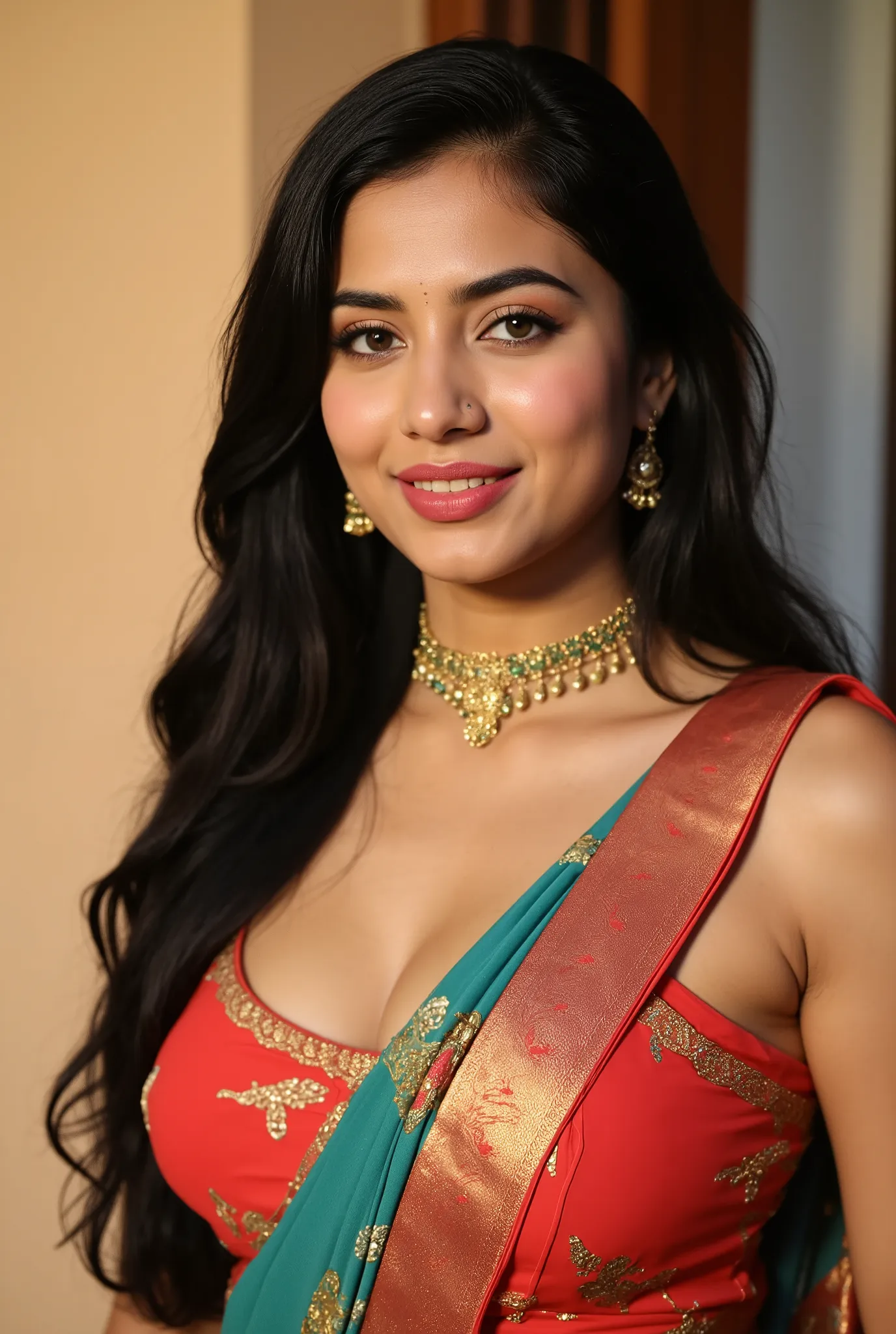 A stunning attractive sexy Indian woman is standing near door way, she has beautiful sharp face, detailed beautiful green eyes, black long hair, bright white skin, wearing colourful saree, golden traditional thick married necklace, glod ear piercing, reali...