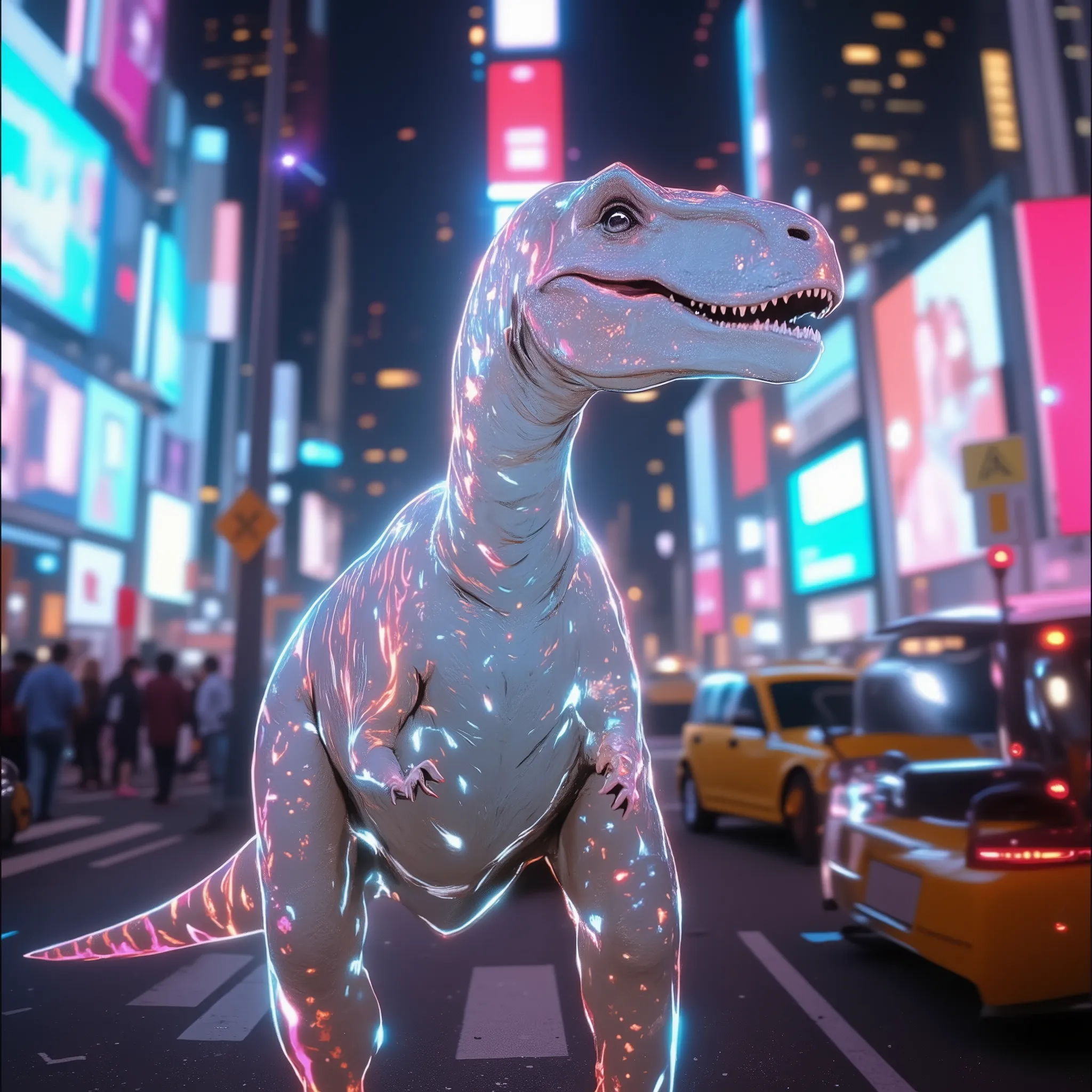 A strong white Tyrannosaurus:Black stripes on the body、In Square, A Tyrannosaurus takes a selfie in the Square Square. Its paw extends across the frame as if holding an invisible camera, its round, curious eyes reflecting the vibrant neon lights. The sil...
