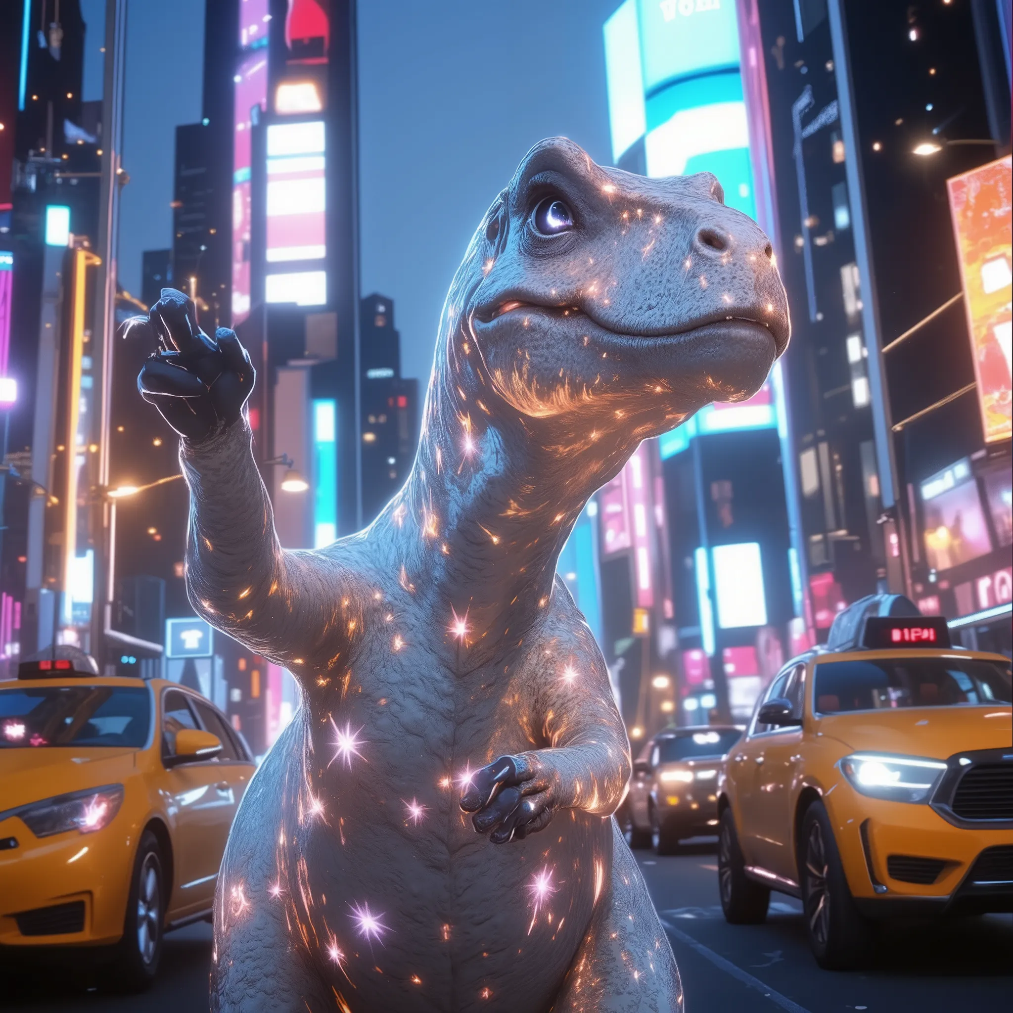 A strong white Tyrannosaurus:Black stripes on the body、In Square, A Tyrannosaurus takes a selfie in the Square Square. Its paw extends across the frame as if holding an invisible camera, its round, curious eyes reflecting the vibrant neon lights. The sil...