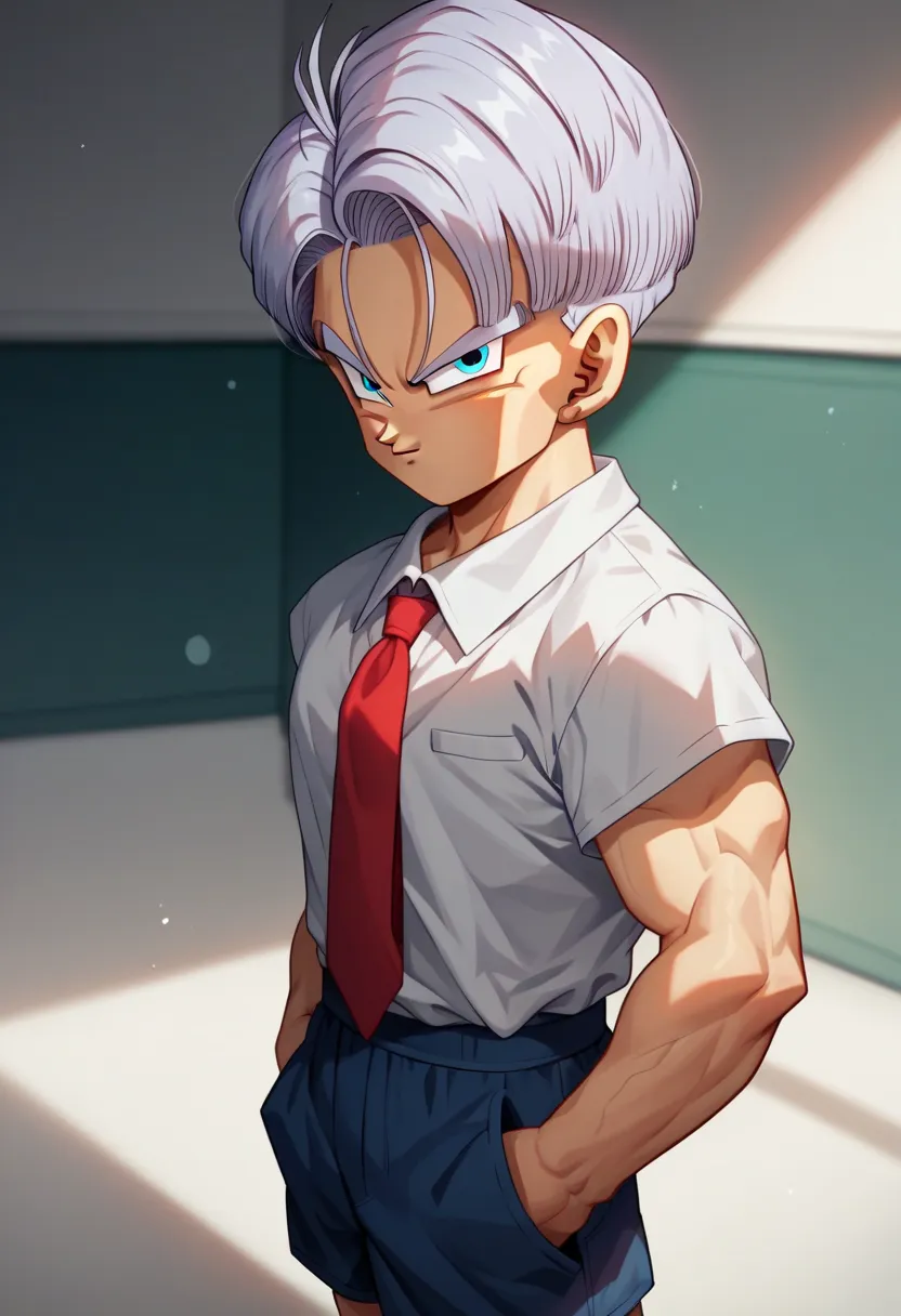 cover, cute expressive face, Trunks (dragon ball)-1 male focus, purple_Trunks (dragon ball)_hair, blue_Trunks (dragon ball)_eyes, looking at viewer, shiny skin, hands in pocket, formal white shirt, red school tie, grey school tight short shorts, alternative costume, indoors, shadow, dynamic angle, dynamic action, from one side, atmospheric perspective, intricately detailed, depth of field, masterpiece, best quality, amazing quality, very aesthetic, absurd, newest, wide awake
