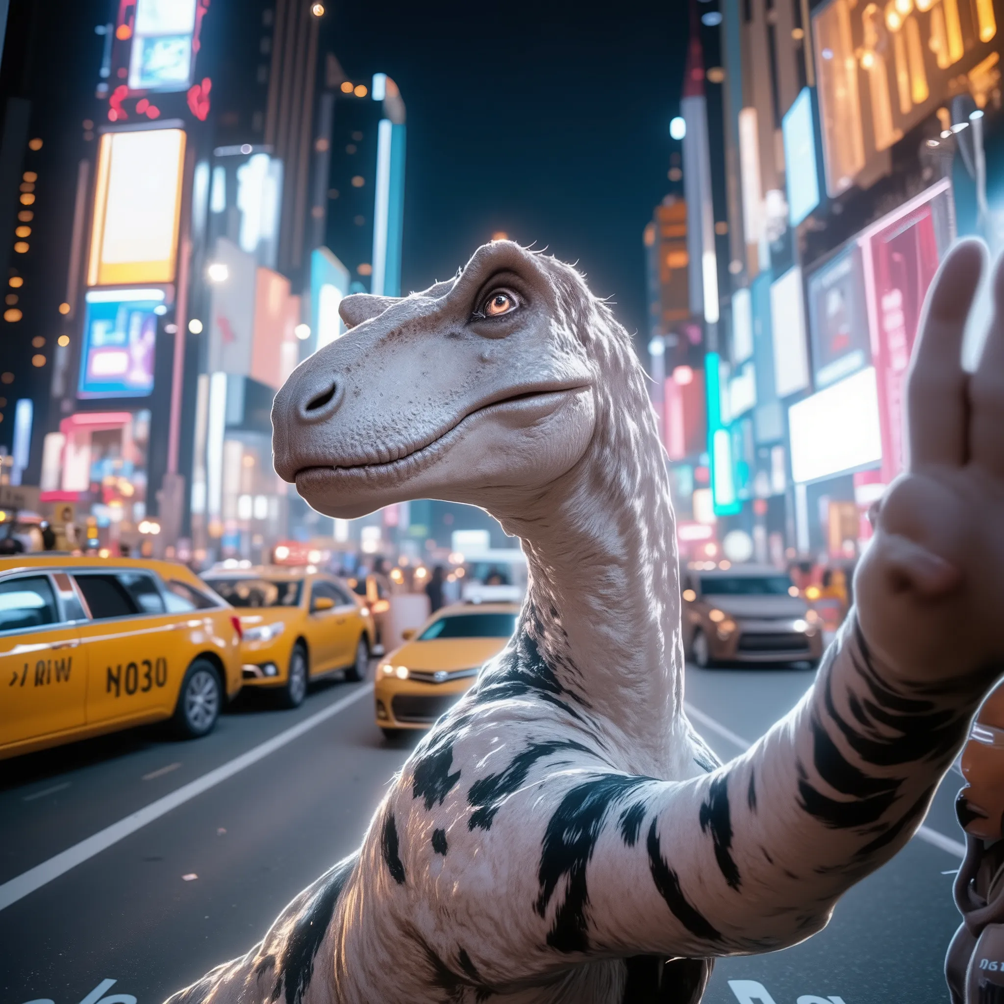 A strong white Tyrannosaurus:Black stripes on the body、In Square, A Tyrannosaurus takes a selfie in the Square Square. Its paw extends across the frame as if holding an invisible camera, its round, curious eyes reflecting the vibrant neon lights. The sil...