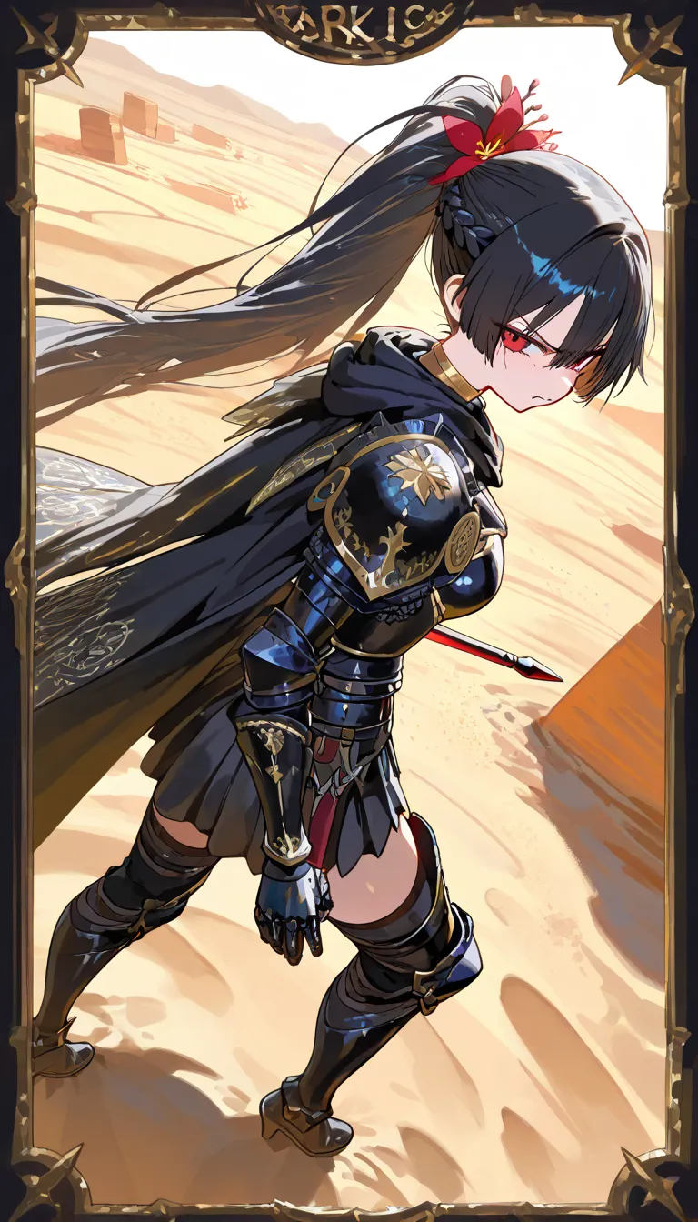(beautiful girl : 1.3),1 girl,(Black Armor,black embroidered cloak,Flower Hair Ornament,thigh,boots),black hair,ponytail,braids,anger, abusive,has a sword, desert,active,dynamic angle,masterpiece,Highest Quality,Rich Contrast,high image quality,8k,High Definition CG Unit Wallpaper,texture,unbelievably absurd, RAW photos ,deep border 1 .2,very detailed