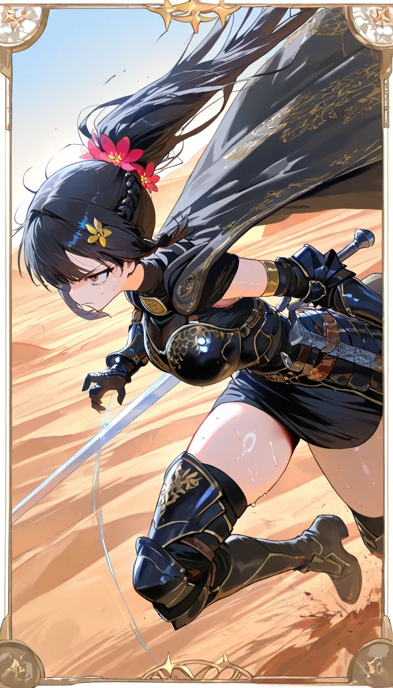 (beautiful girl : 1.3),1 girl,(Black Armor,black embroidered cloak,Flower Hair Ornament,thigh,boots),black hair,ponytail,braids,anger, abusive,has a sword, desert,runs,sweat,battle,active,dynamic angle,masterpiece,Highest Quality,Rich Contrast,high image quality,8k,High Definition CG Unit Wallpaper,texture,unbelievably absurd, RAW photos ,deep border 1 .2,very detailed