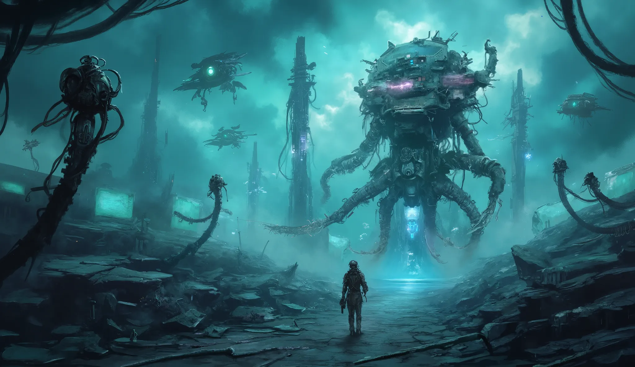 Robotic Era (Transitional/Dystopian)
Key Elements:

Mega-factories, AI cores, floating drones, and energy grids.

Cold, metallic lighting (blues/cyans) with harsh shadows.

Hybrid structures (half-human, half-machine).

AI Prompt Examples:

*"Cyberpunk me...