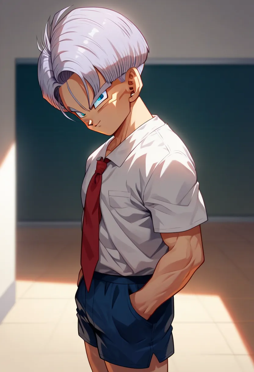 cover, cute expressive face, Trunks (dragon ball)-1 male focus, purple_Trunks (dragon ball)_hair, blue_Trunks (dragon ball)_eyes, looking at viewer, shiny skin, hands in pocket, formal white shirt, red school tie, grey school tight short shorts, alternative costume, indoors, shadow, dynamic angle, dynamic action, from one side, atmospheric perspective, intricately detailed, depth of field, masterpiece, best quality, amazing quality, very aesthetic, absurd, newest, wide awake
