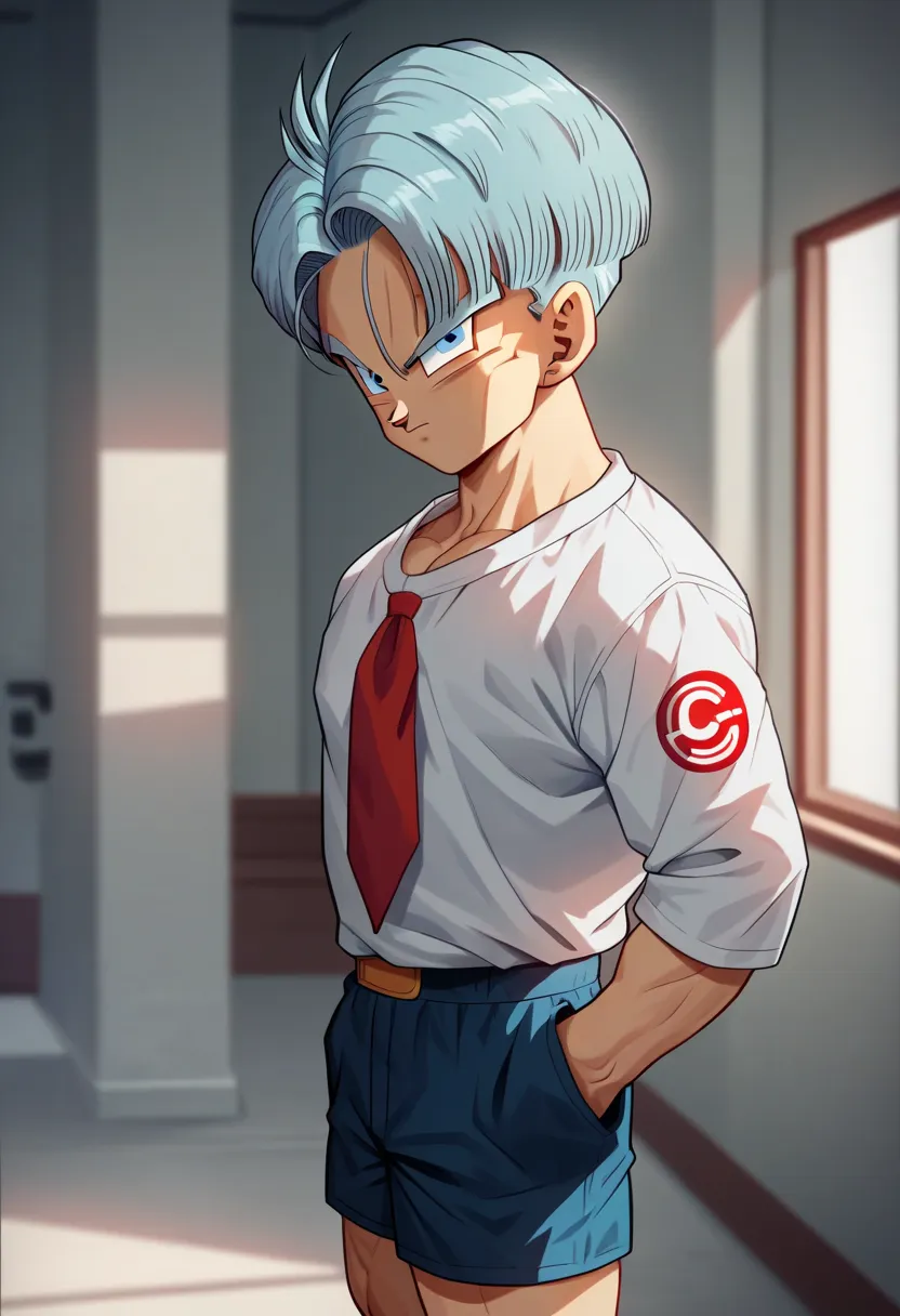 cover, cute expressive face, Trunks (dragon ball)-1 male focus, purple_Trunks (dragon ball)_hair, blue_Trunks (dragon ball)_eyes, looking at viewer, shiny skin, hands in pocket, formal white shirt, red school tie, grey school tight short shorts, alternative costume, indoors, shadow, dynamic angle, dynamic action, from one side, atmospheric perspective, intricately detailed, depth of field, masterpiece, best quality, amazing quality, very aesthetic, absurd, newest, wide awake
